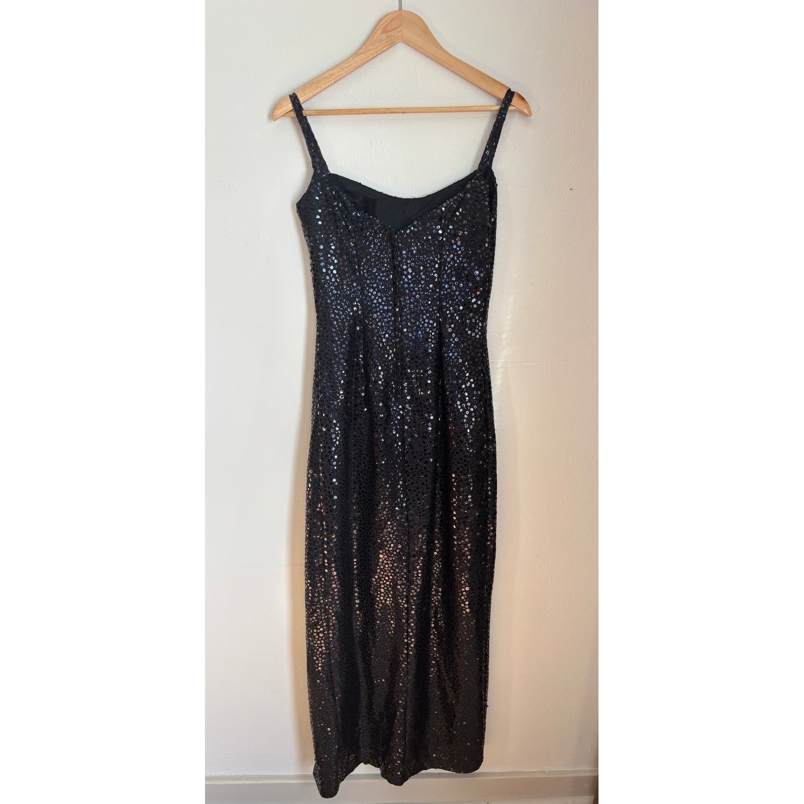 Vintage Michele Vincent Black Sequin Maxi Dress 90s Prom Gown Size 13/14