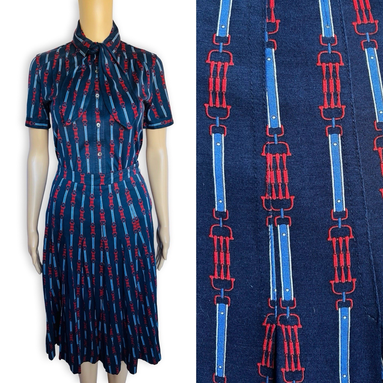 Vintage CÉLINE 1970s Equestrian Print Cotton Dress Two Piece Blouse Skirt Set XS
