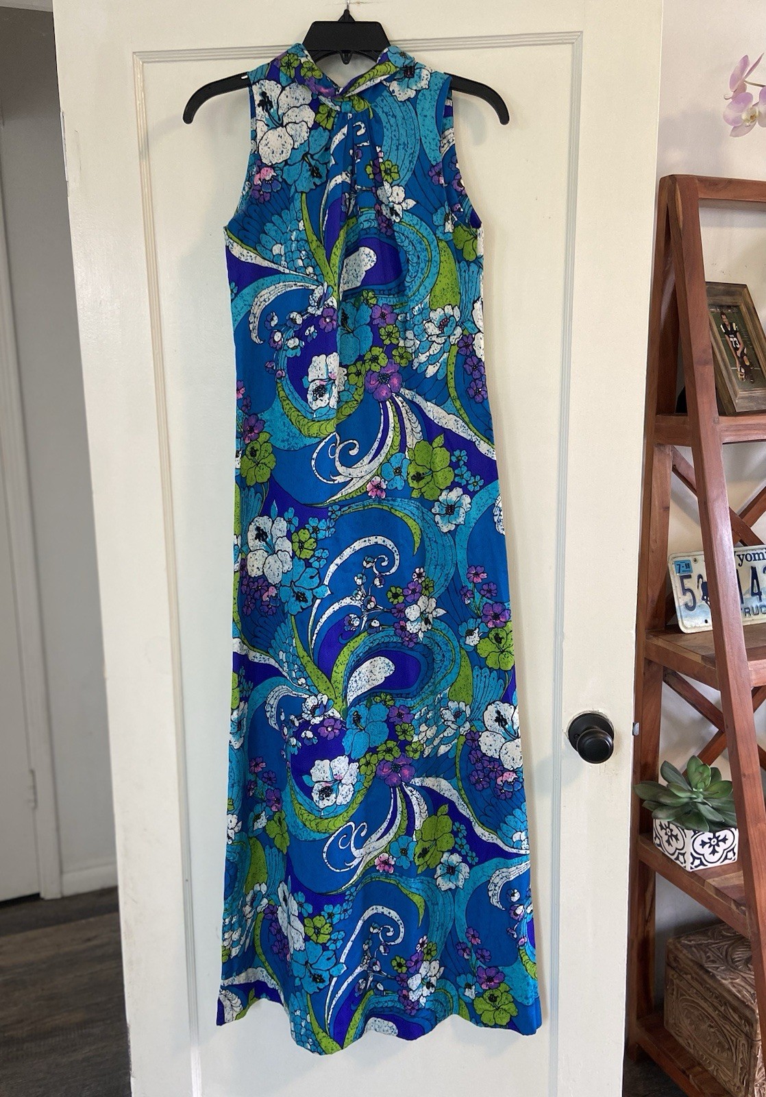 Vtg 70’s Pomare Hawaiian Maxi Dress Halter Tiki Acrylic Barkcloth Sleeveless