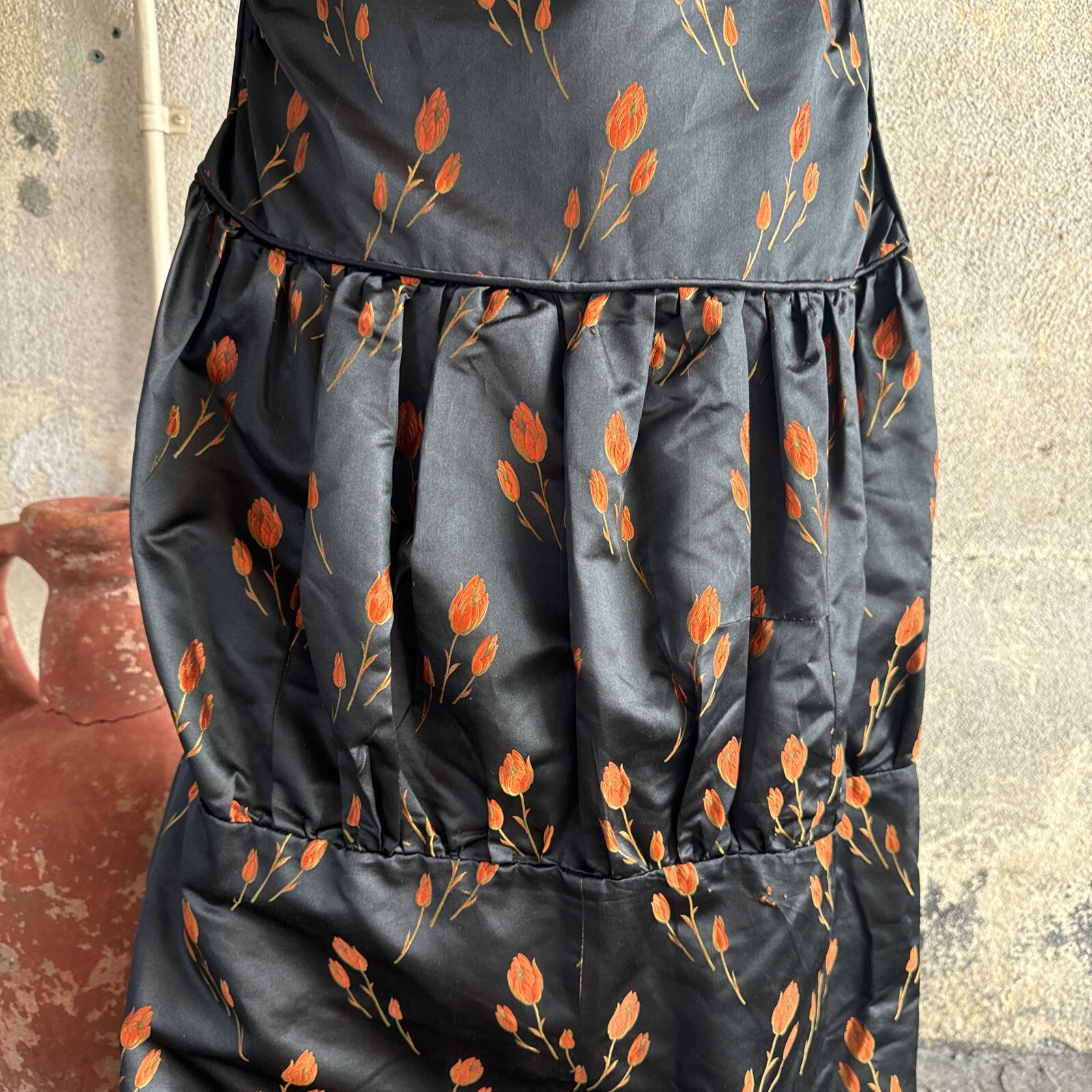 Antique 1920s Orange Tulip Silk Brocade Dress 1890s Fabric Full Length Vintage