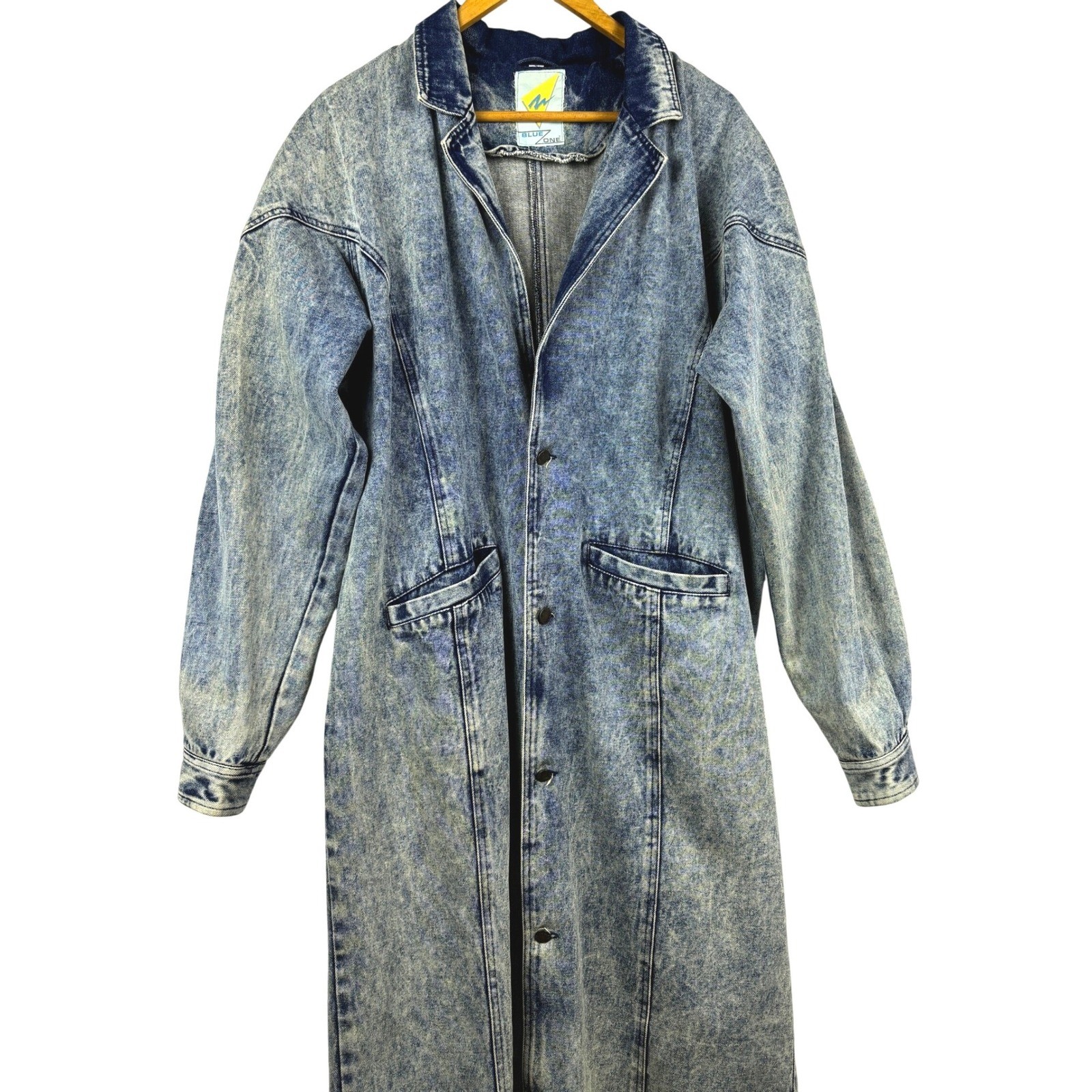 VTG Blue Zone Acid Wash Denim Duster Coat XL 80s Moto Edgy Boho Retro Streetwear