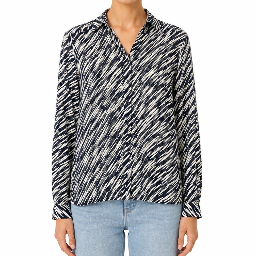 VTG 90s JAEGER London UK Made Sheer Cotton Navy Zebra Print Shirt Sz 36
