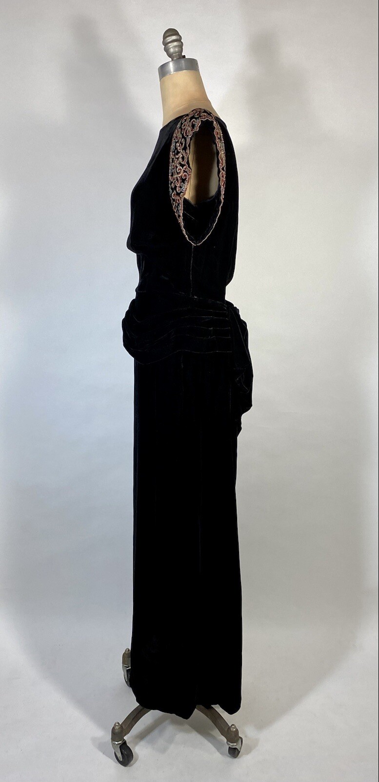 Vintage 1940’s GLAM NOIR velvet gown with beaded sleeves & unique peplum design