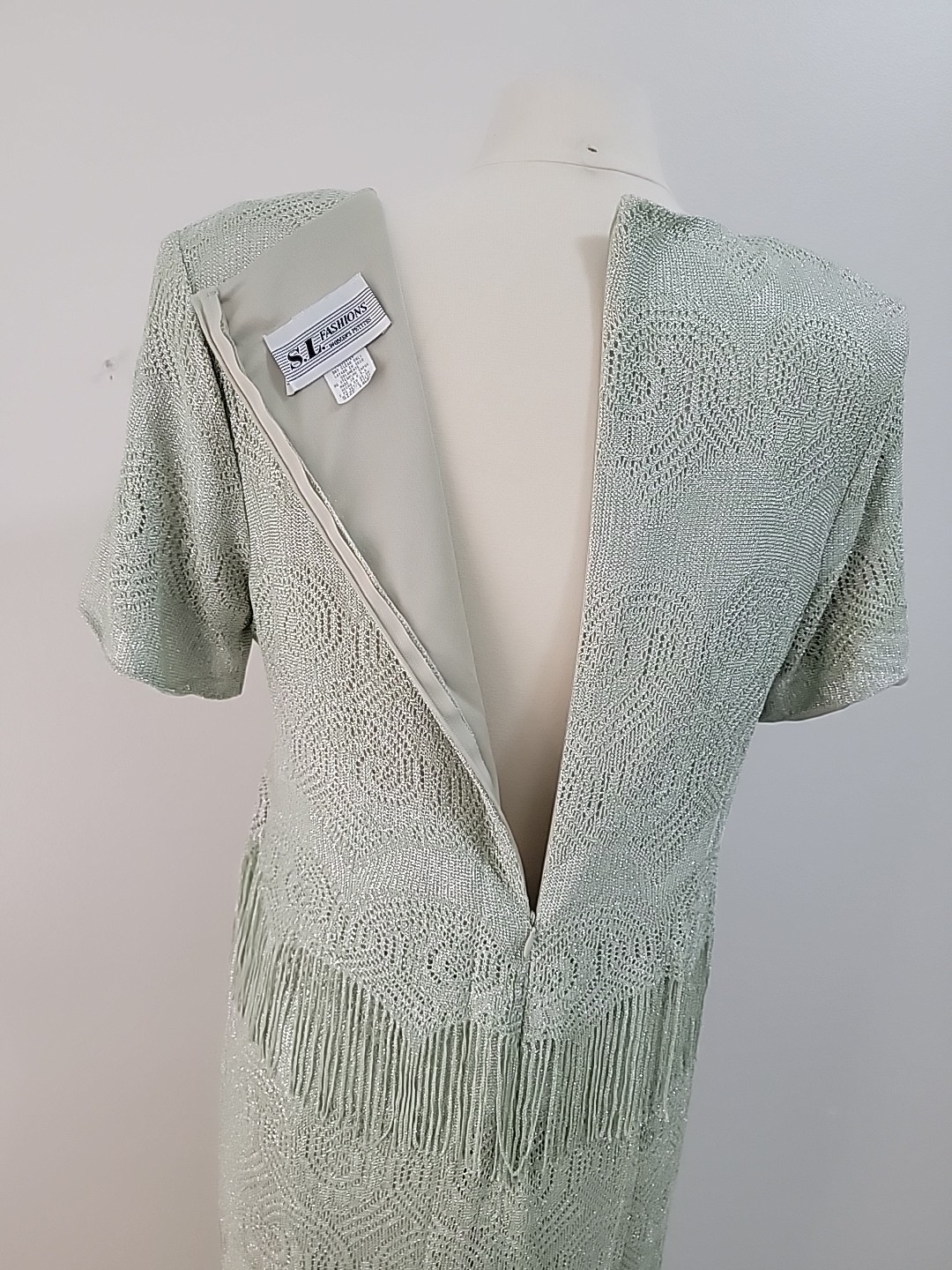 Vtg SL Fashions Green Lame Sparkly Formal Long Party Dress with Fringe Size 14WP