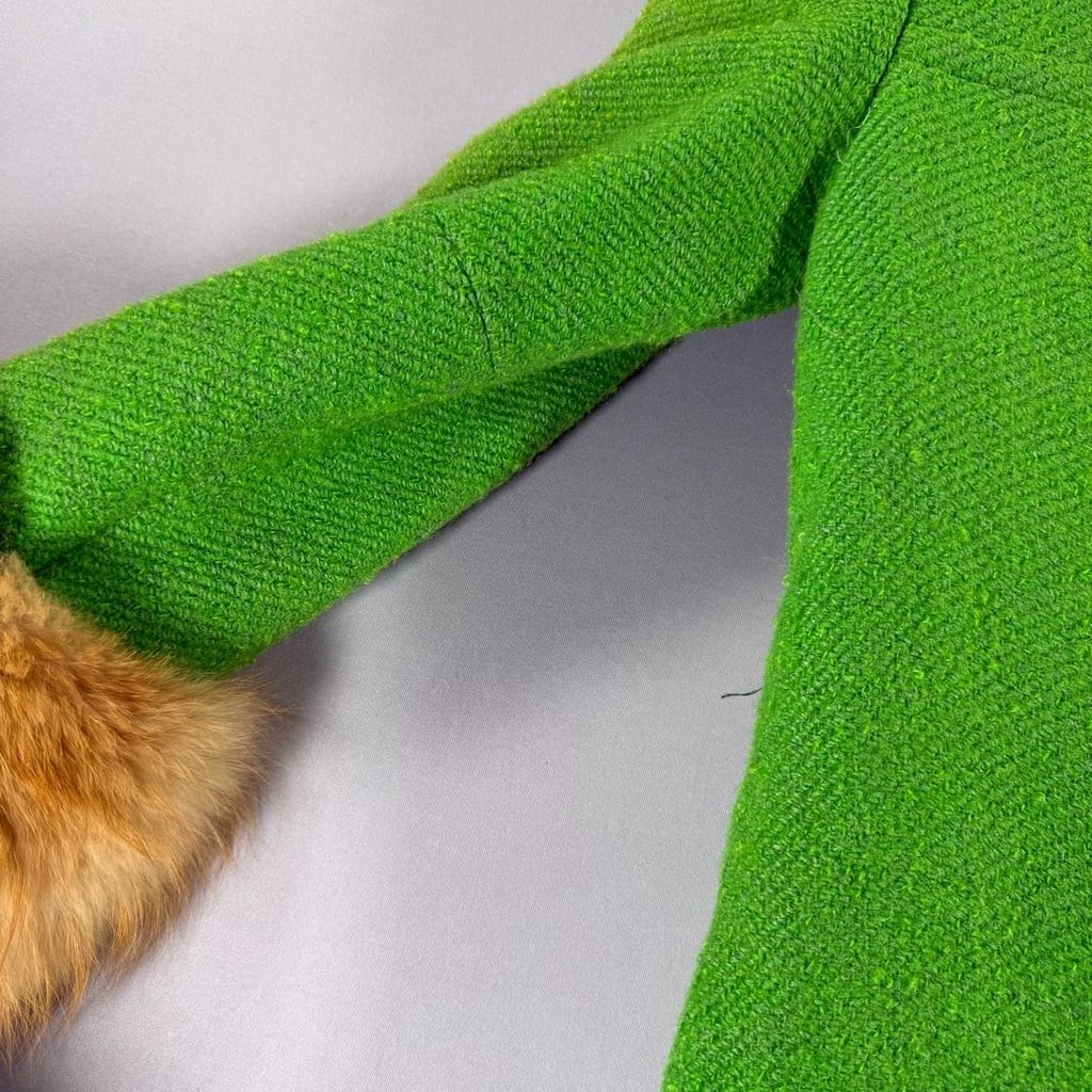 Vintage Green Wool Fur Collar Coat With Yellow Buttons