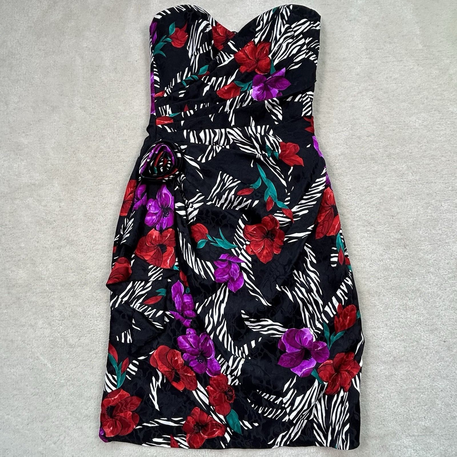 Vintage 80s AJ Bari Strapless Silk Dress Size 6 Zebra Print Floral