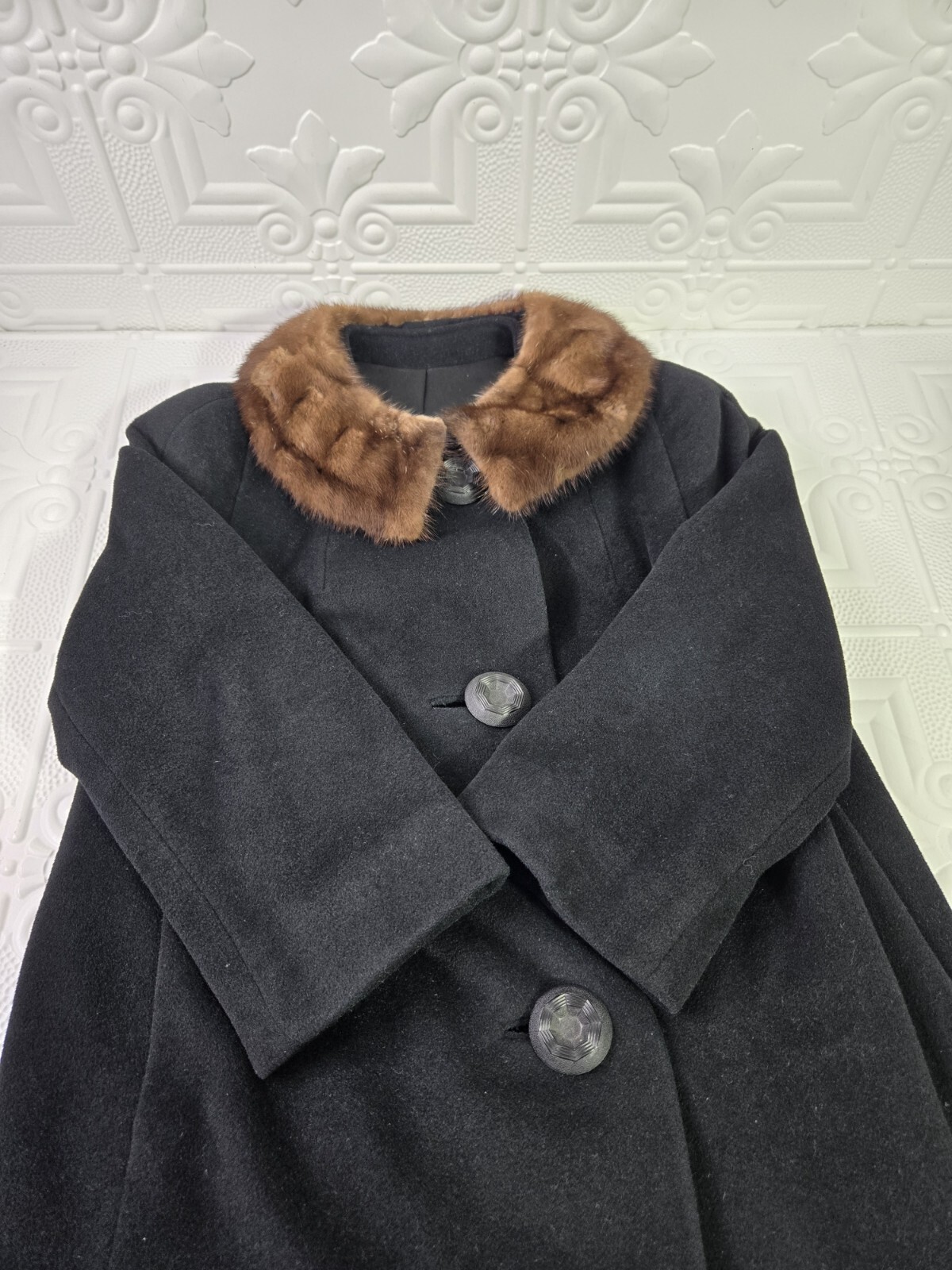 Vintage 40’s-60’s EINIGER Black Wool, Button-Down Fur Trim Collar Swing Coat