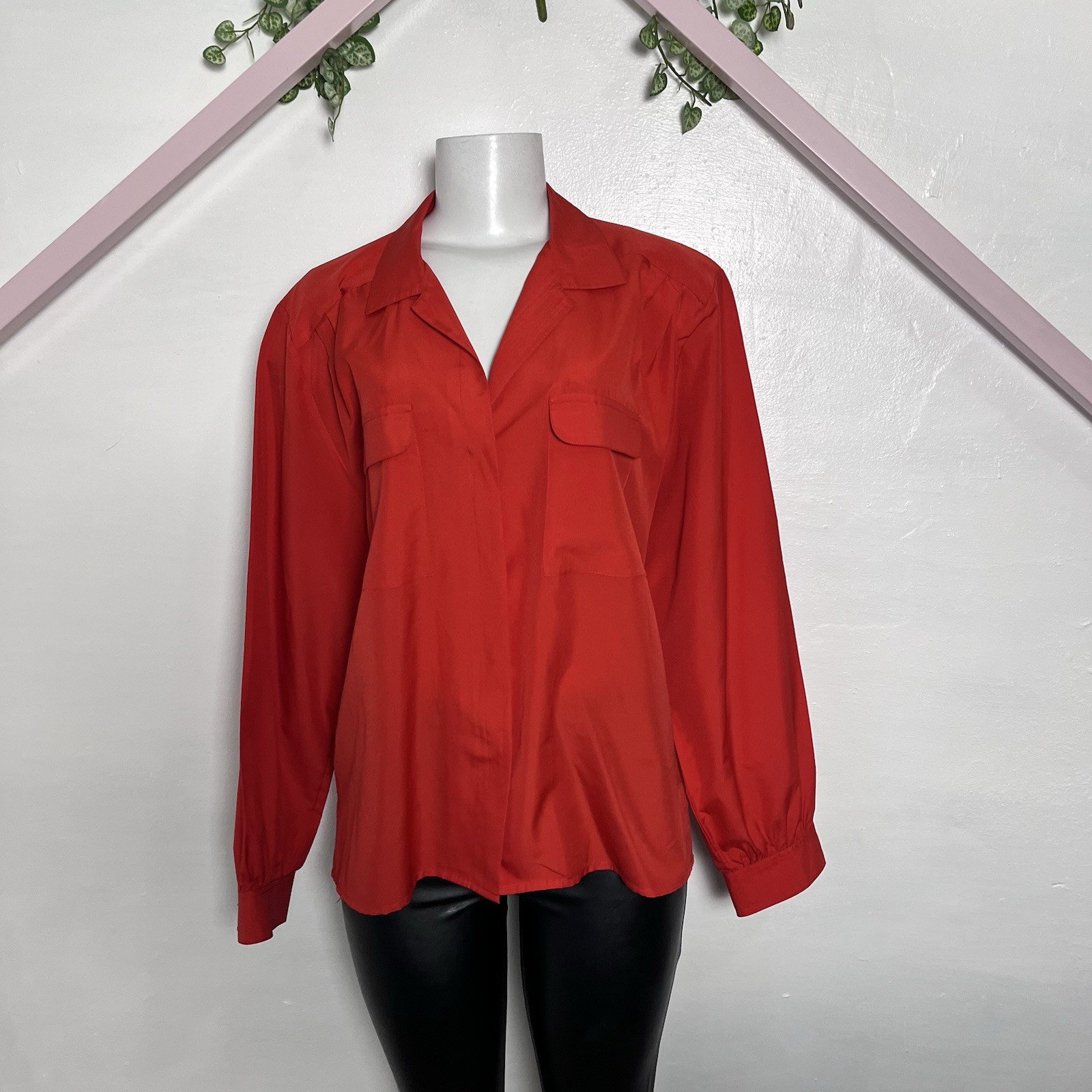 80s Vintage Button Up Top Red 1980s Dopamine Bright Preppy Shoulder Pads M L XL
