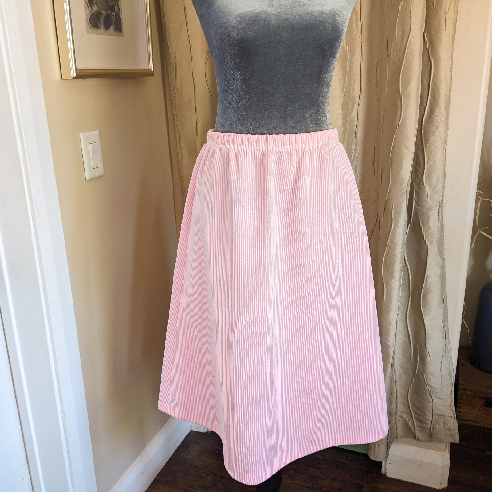 Vintage 60s 70s Pink Striped Mod Skirt Sz 14 (S/M) A-Line Pinstripe Pastel Midi
