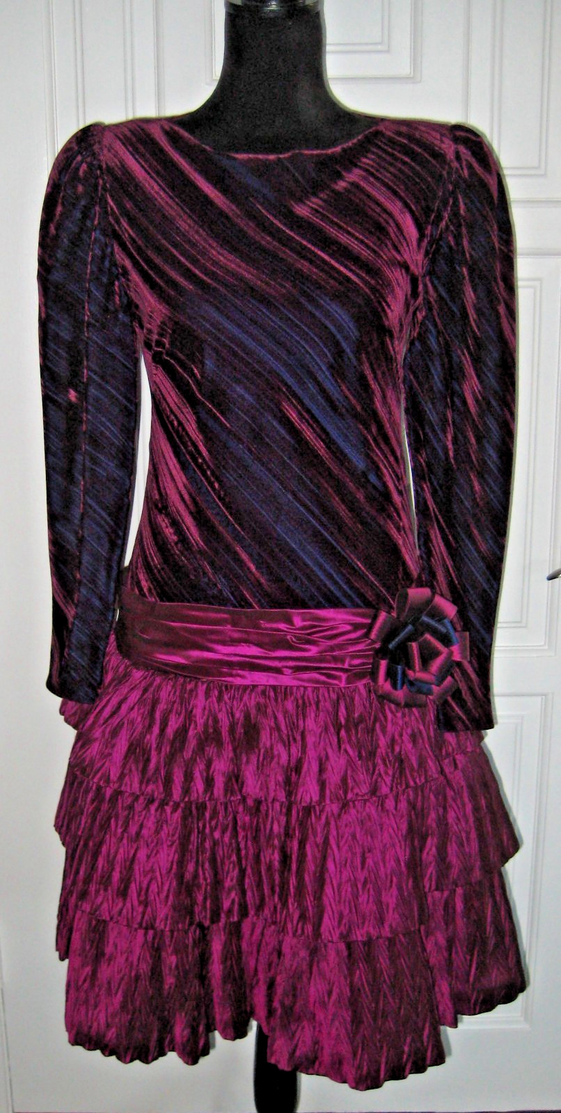 Vintage 80s burgundy/wine velveteen dropwaist taffeta tiered ruffles party dress