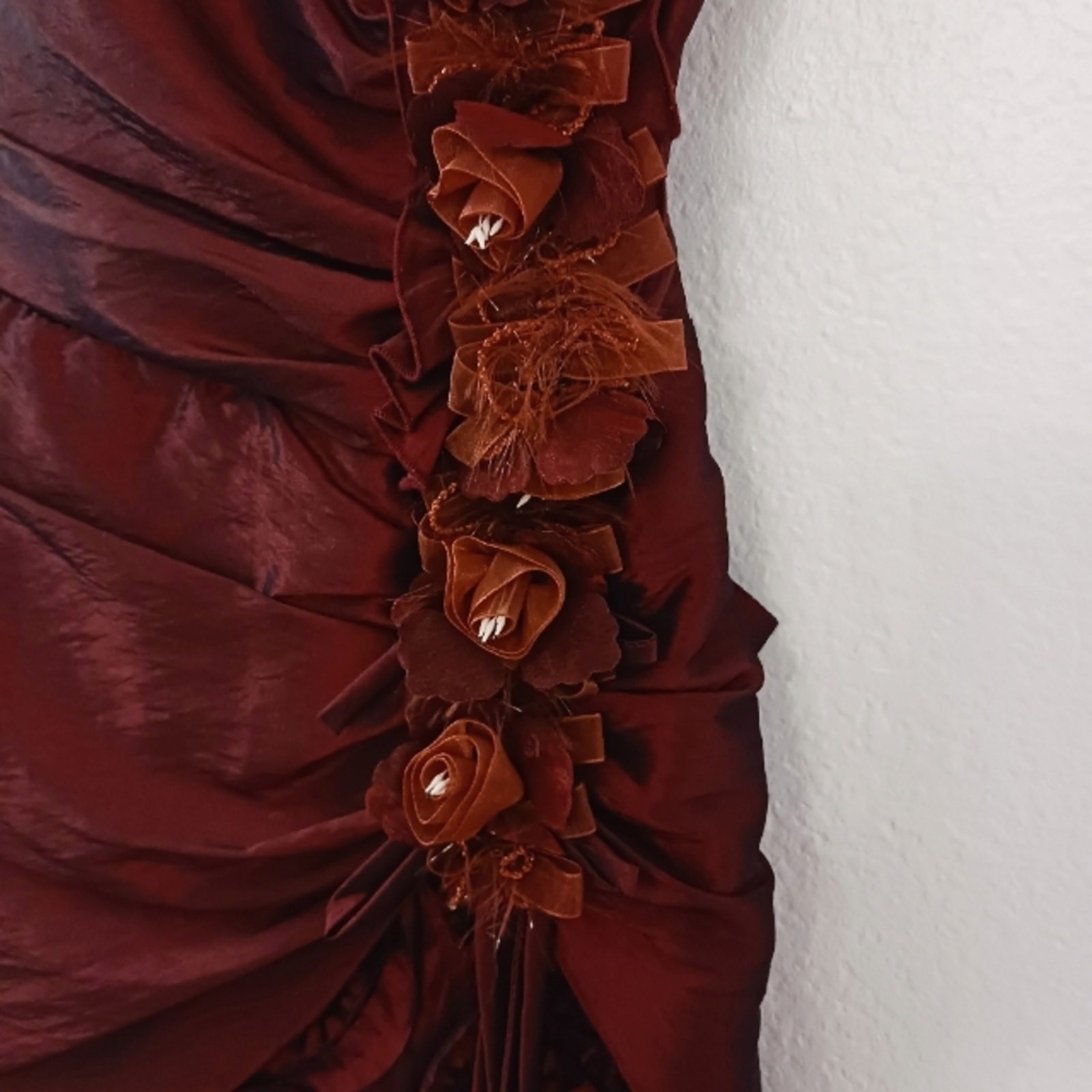 Red Satin Formal Dress 3D Roses Gown XS Burgundy Red Wedding Prom Evening Party
