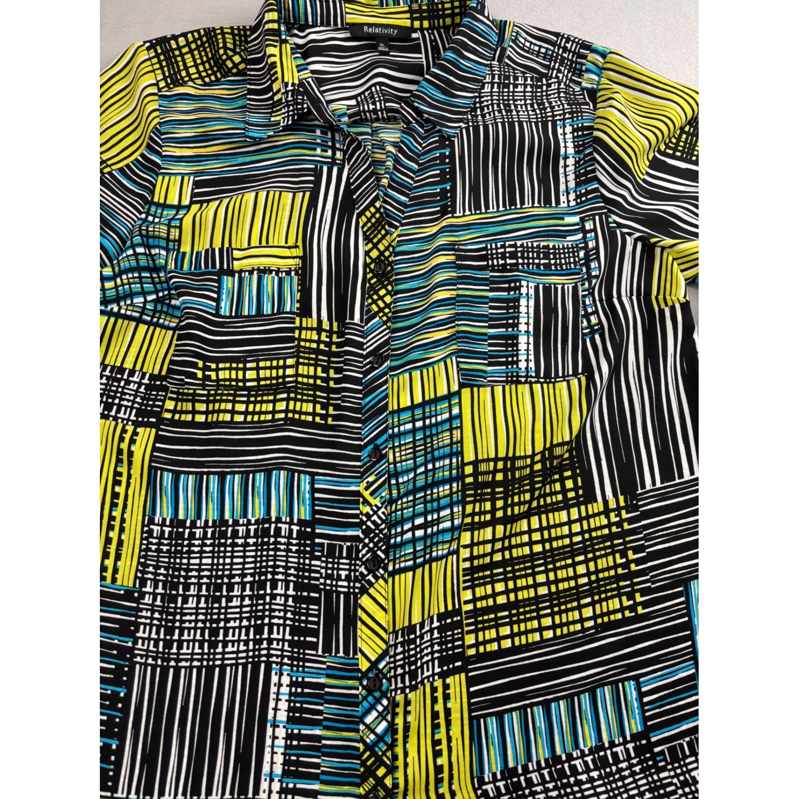 Relativity Womens XL Blouse Button Front Shirt Geometric Line Print Roll Tab NWT
