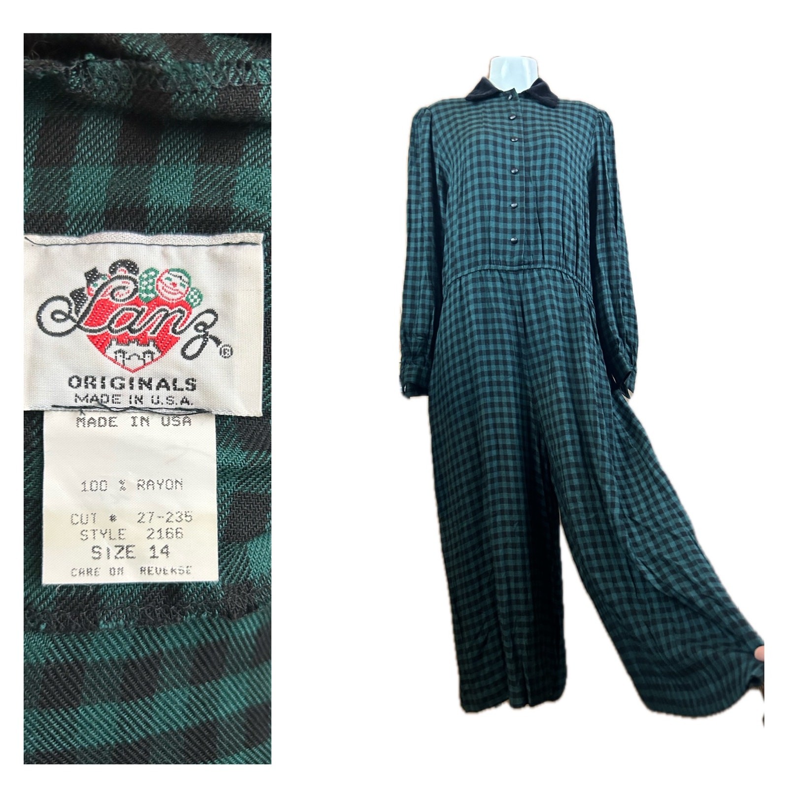 Vintage Lanz Green Gingham Check Romper Jumpsuit Velvet Collar / Size 14 ^