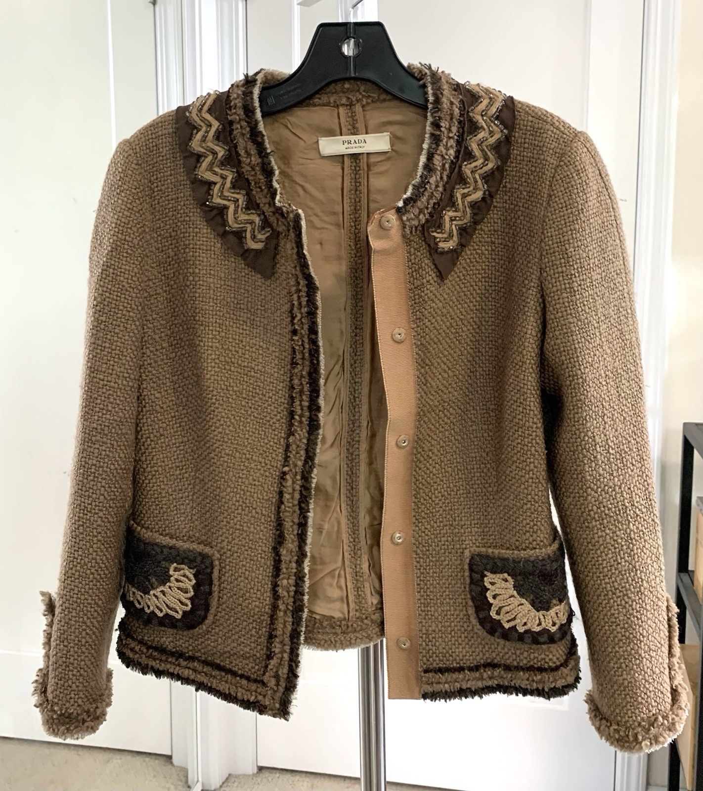 PRADA Classic Tweed Textured Blazer Jacket In Wool Sz 40 Vintage