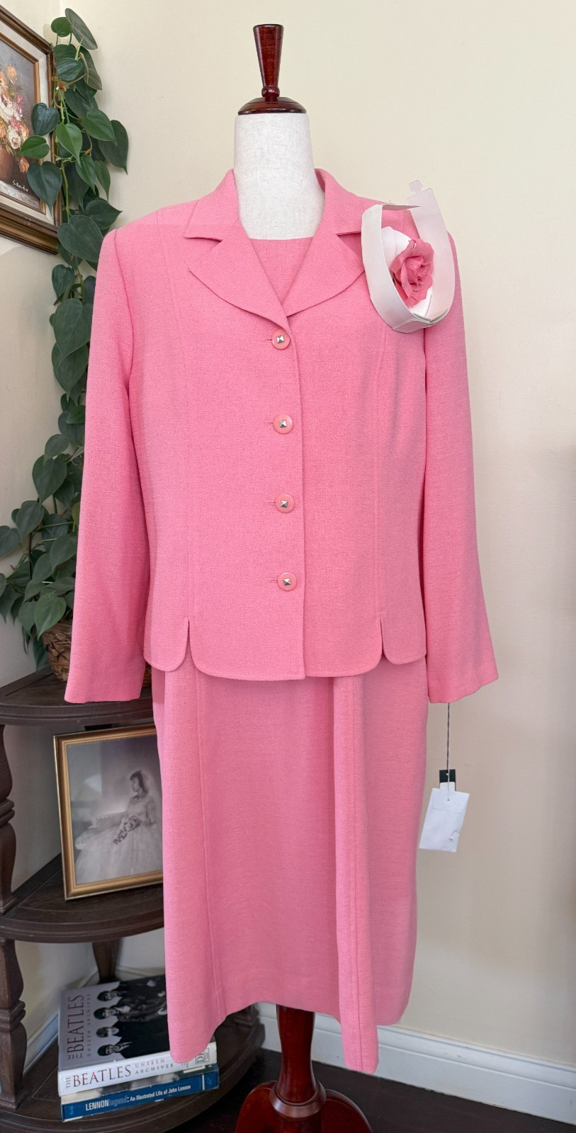 Vintage Henry Lee Pink Dress Jacket Suit Set NEW Deadstock sz 18 Floral Brooch