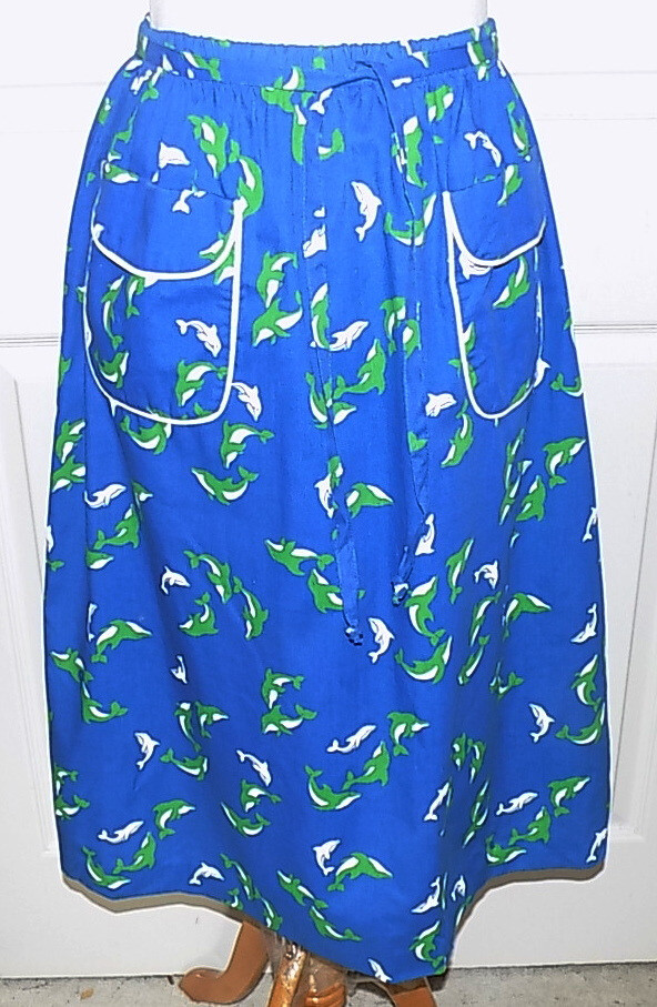 Vintage 60s 70s Blue Cotton Skirt Dolphins Size 16 Beacon St. W26 – 30