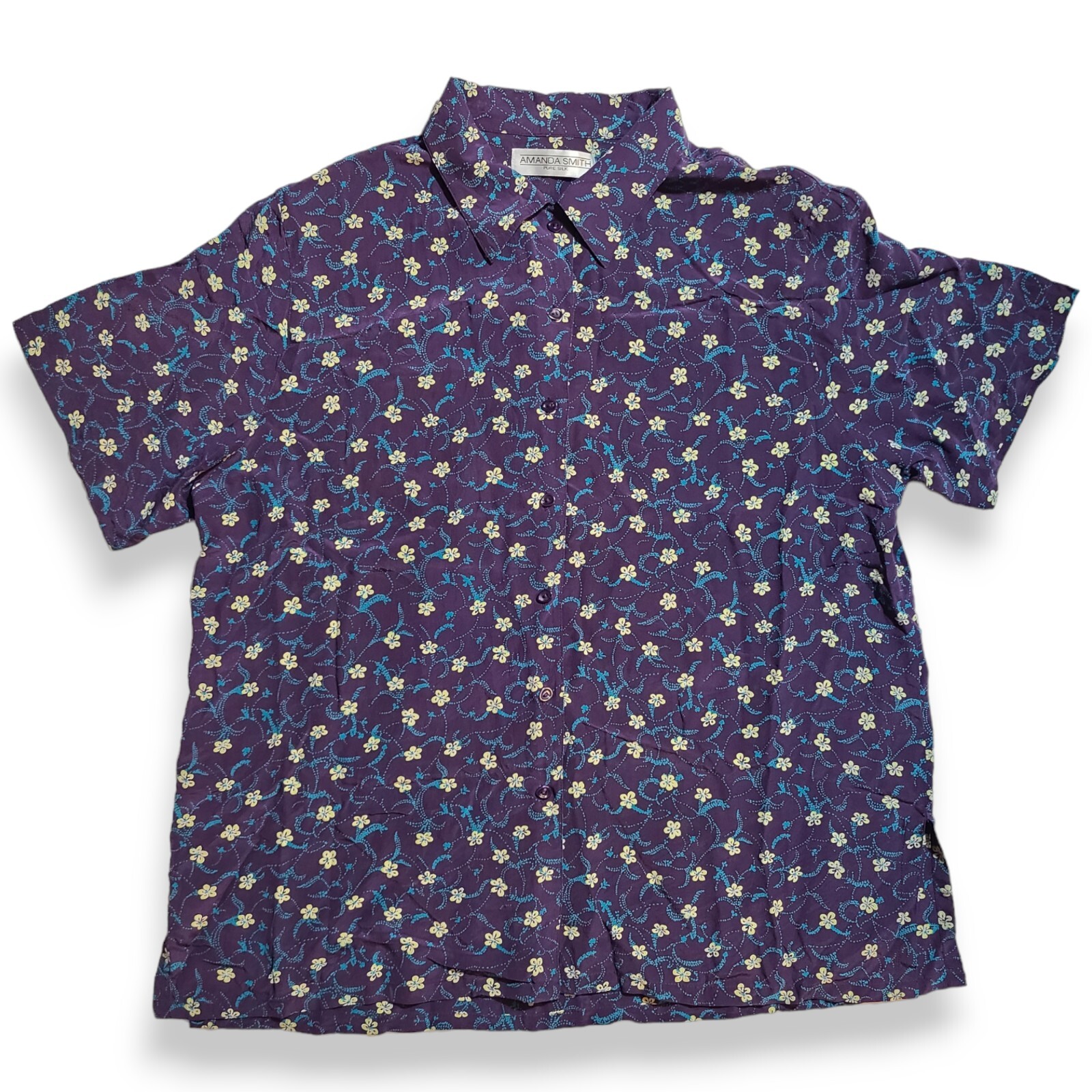 Vintage Amanda Smith Pure Silk Purple Blue Yellow Flowal Shirt Size 14