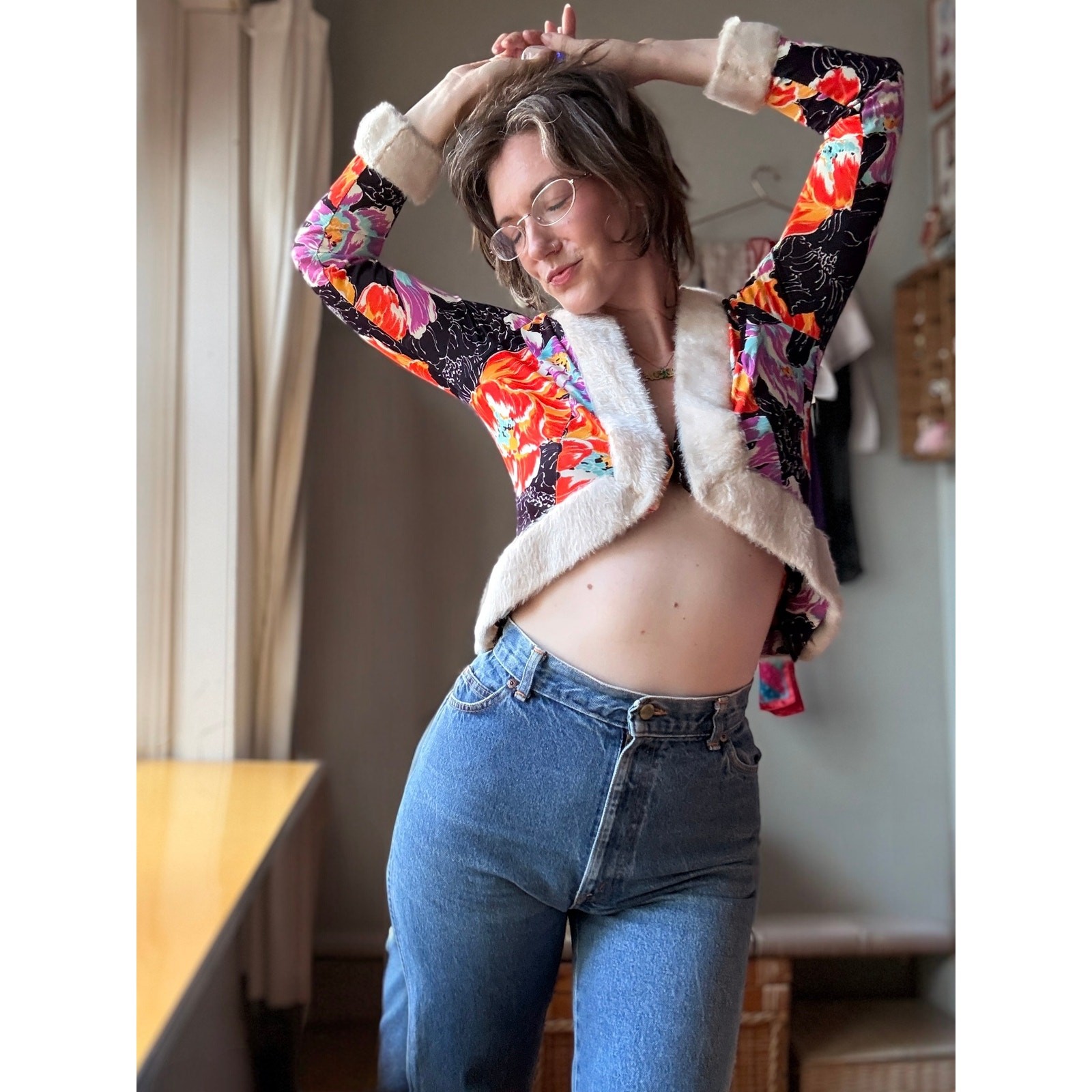 Vintage 70s Floral Faux Fur Trim Cropped Jacket | Disco Glam Bolero | M