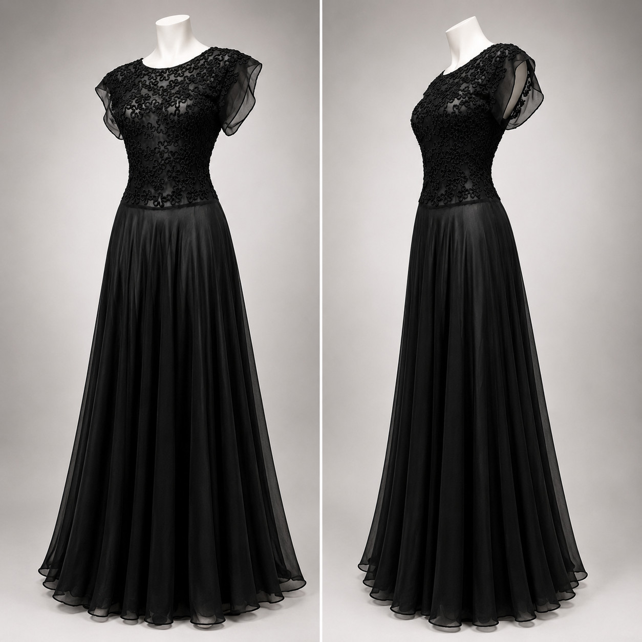 Vintage 1930s Black Chiffon Soutache Evening Gown Sheer Flutter Sleeve Dress