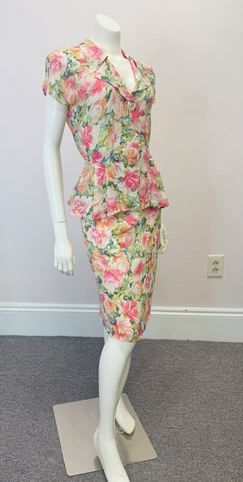 VTG Multicolor floral peplum Skirt & Top Set Nanny wedding designer alexander M