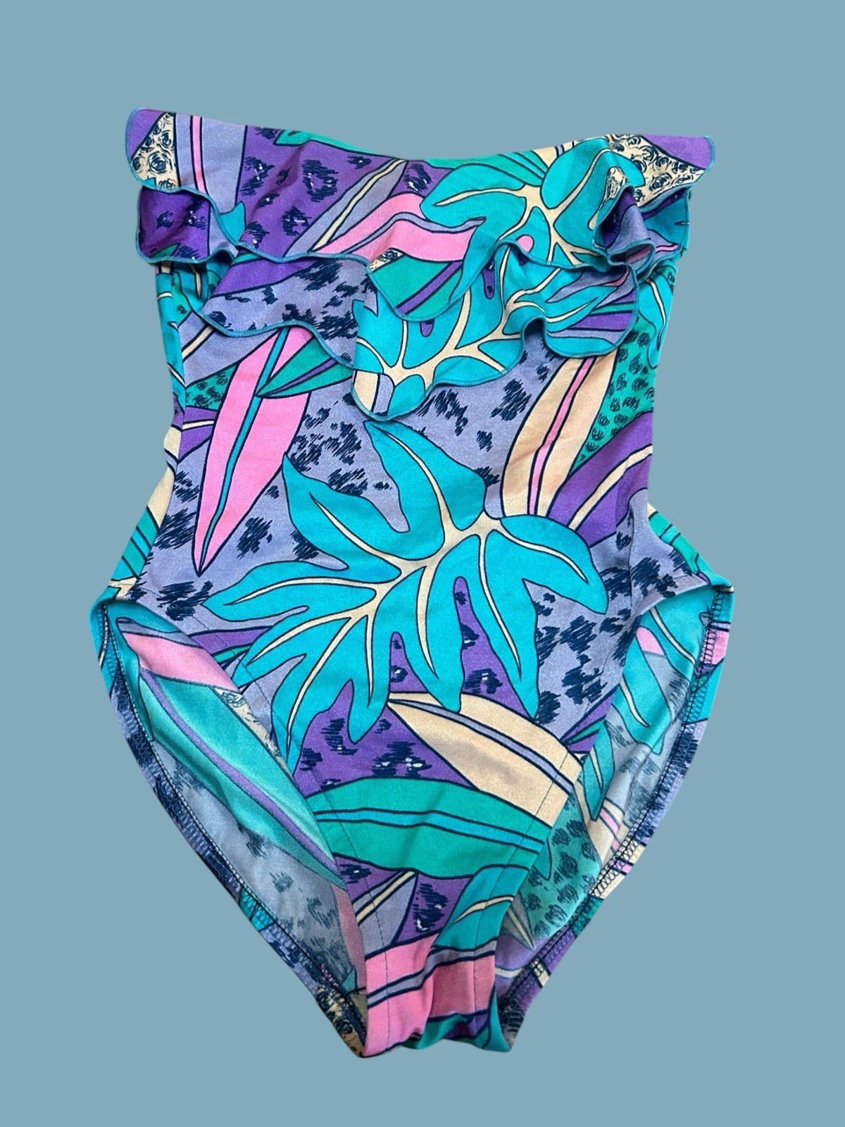 Vintage 80s One Piece Swimsuit 10 Ruffle Tropical Palm Harbour Casuals USA 10/32