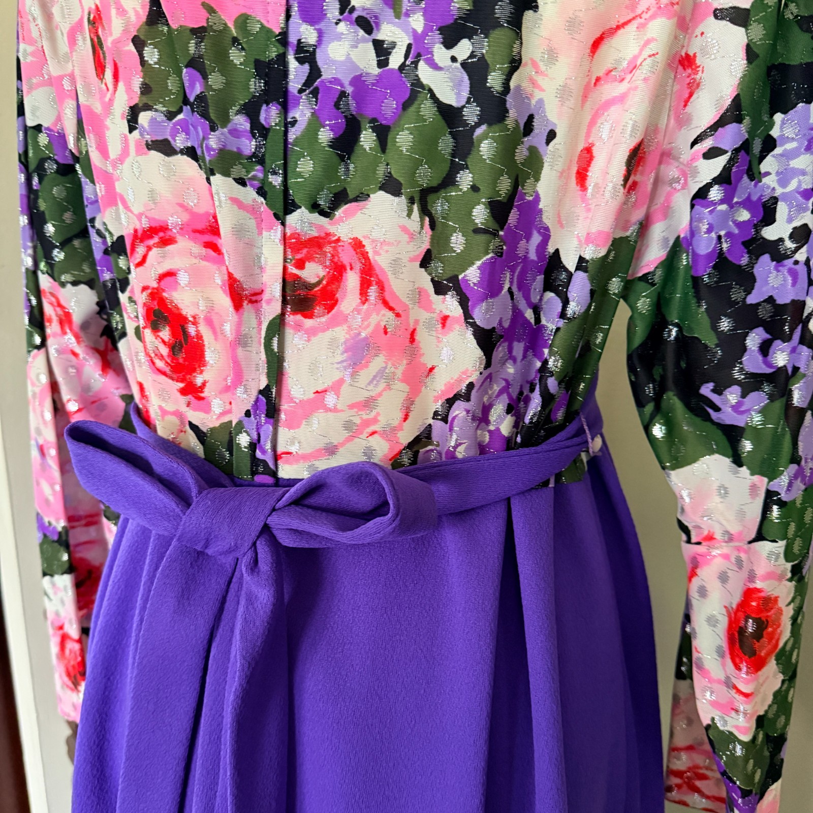 Vintage Purple Floral Hostess Gown Empire Waist Maxi Dress Silver Lurex Dots