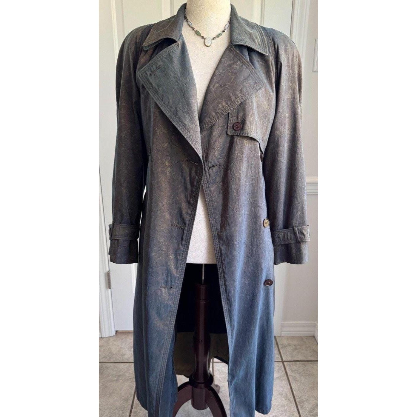 Vintage 90s London Fog Blue Gray Jacquard Trench Duster Jacket Women’s Size 10