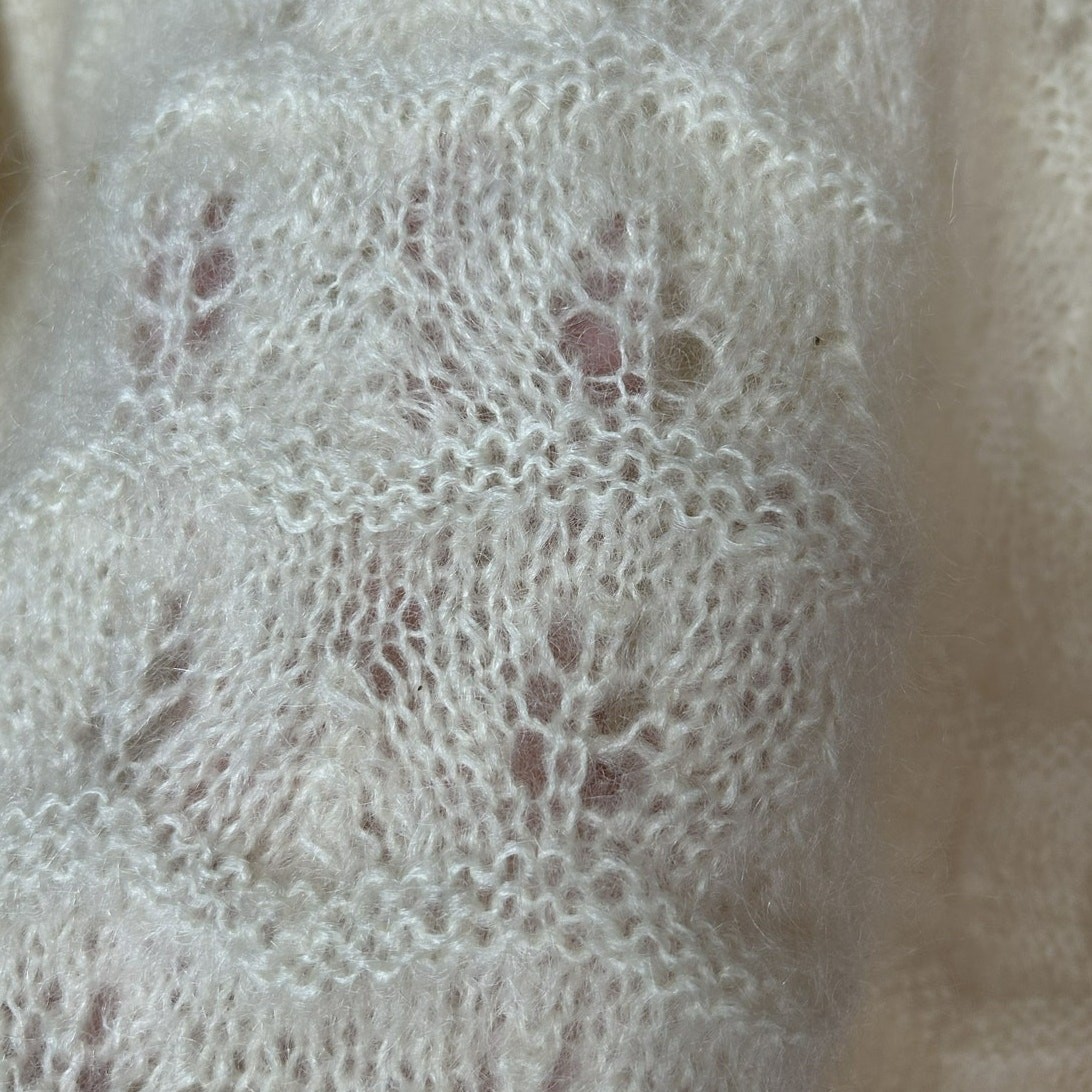 VTG 70s Cream Mohair Pointelle Puff Sleeve Sweater Cottagecore Coquette M