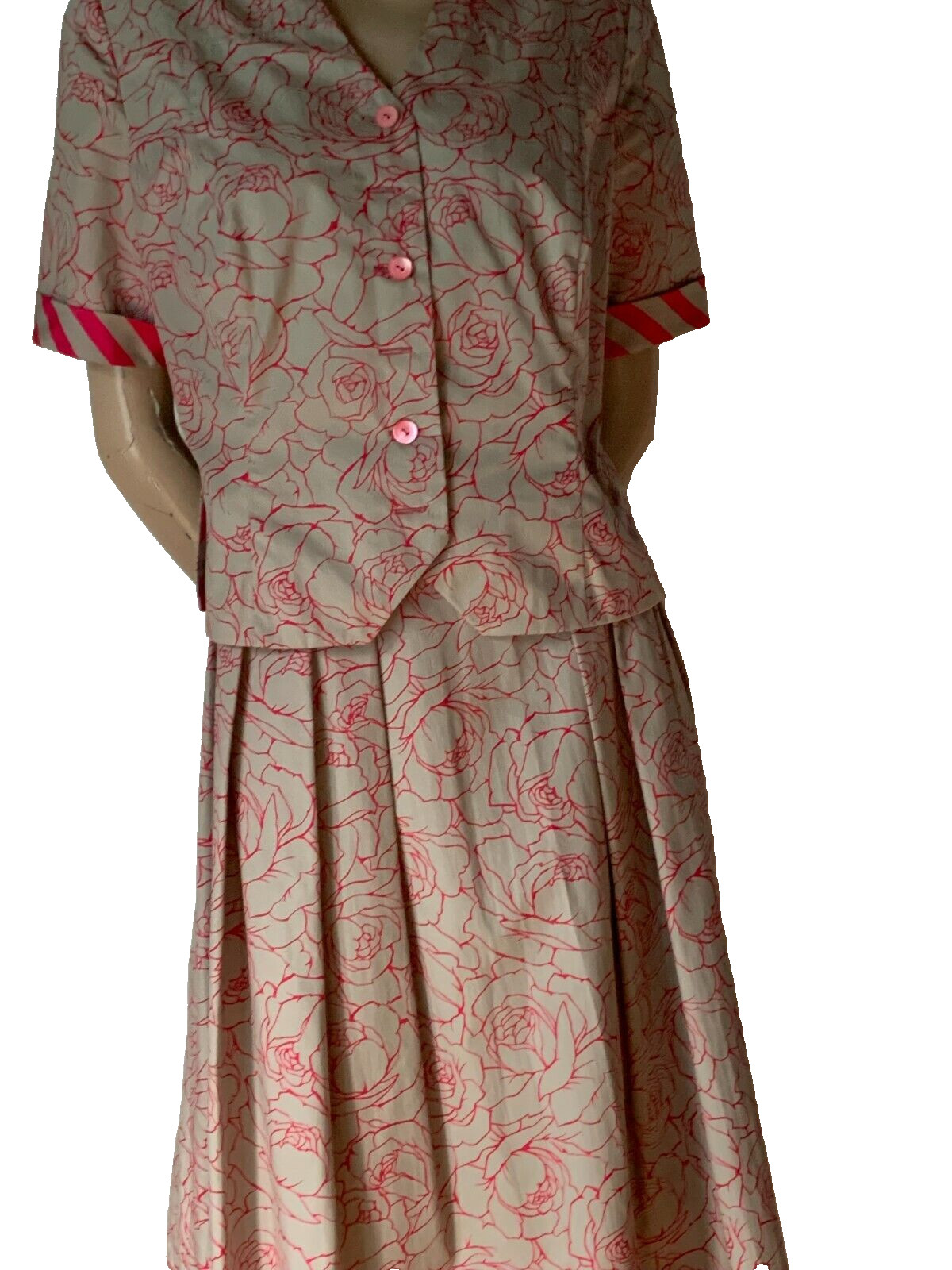 Vintage Fancy Dress 60s Handmade Cotton Roses Spencer Pleated Skirt 38 40