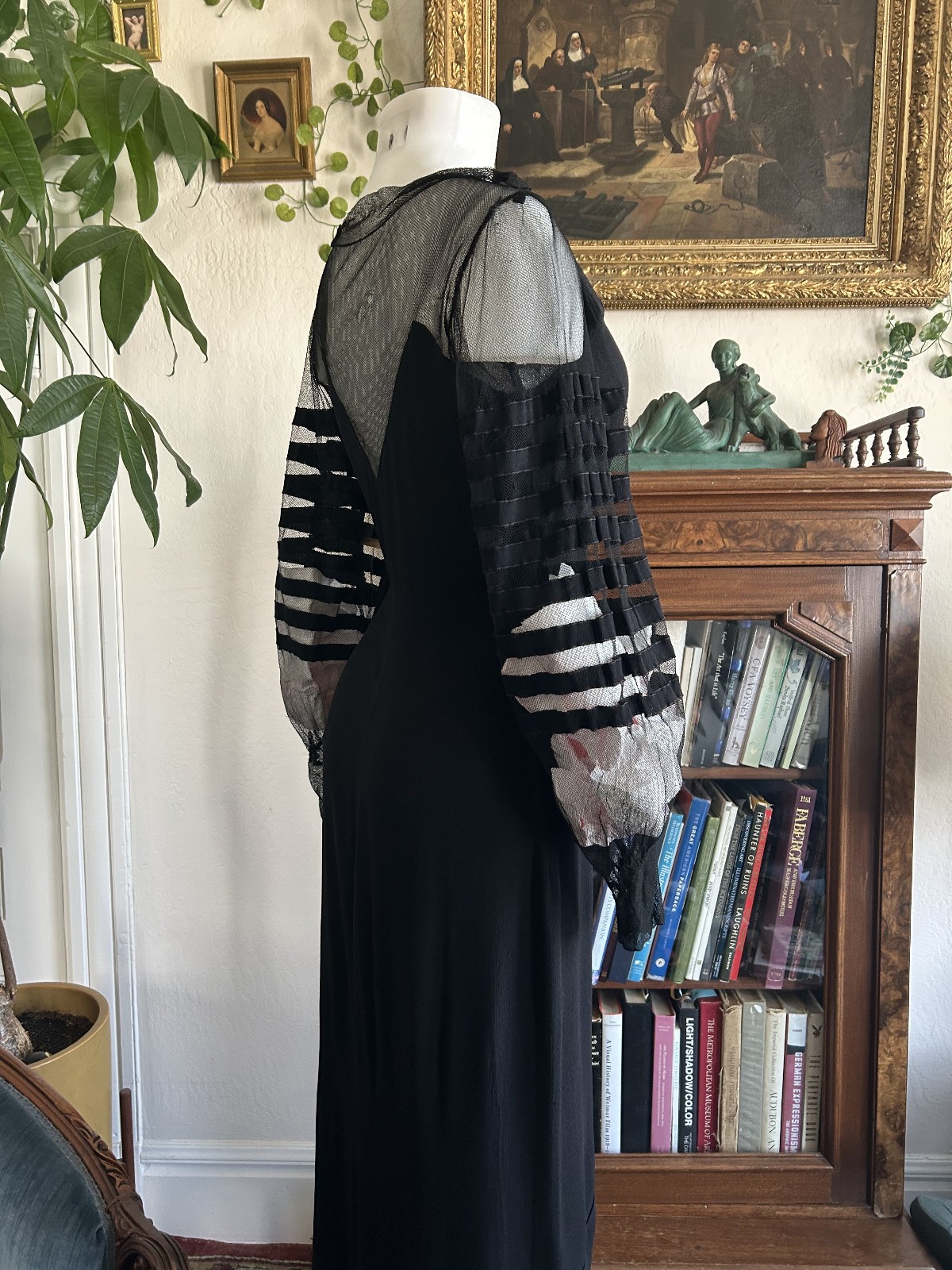 Vintage 1930s Black Mesh Net Gown Balloon Sleeves Bias Cut Art Deco Maxi Dress