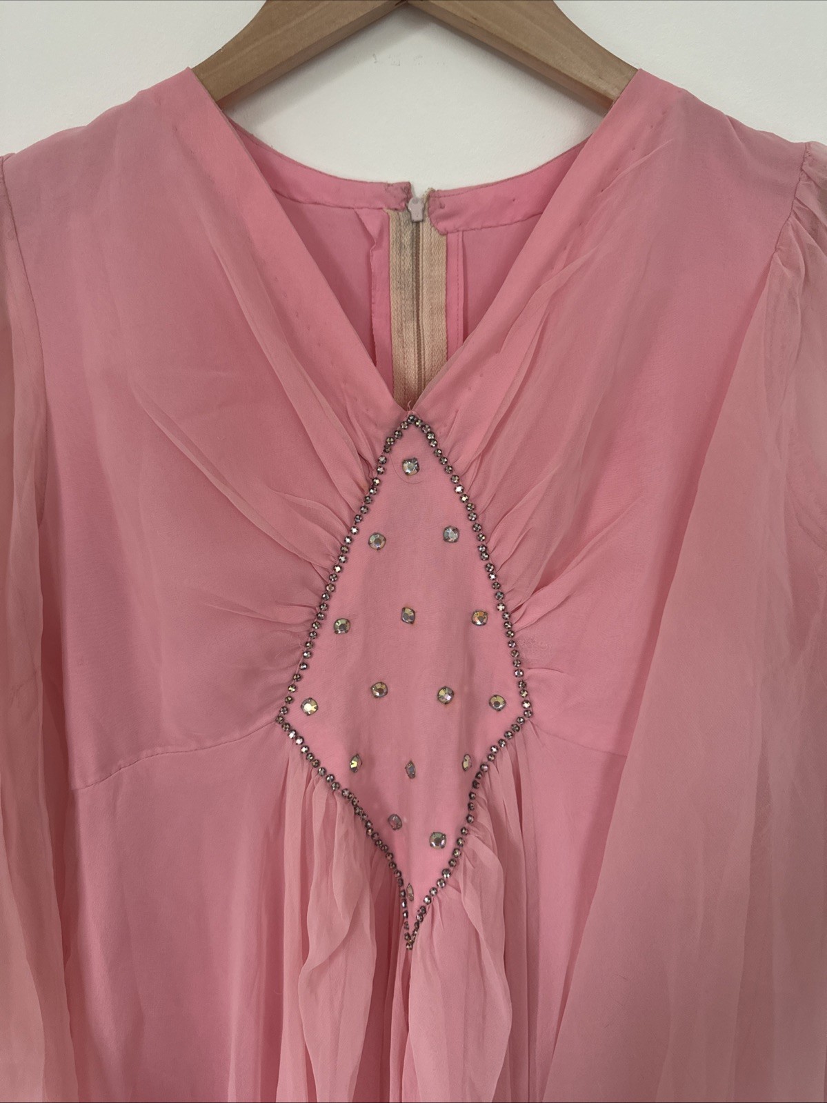 Vintage 1970s Pink Chiffon Maxi Dress Cape Sleeves Rhinestone Brooch Formal Gown
