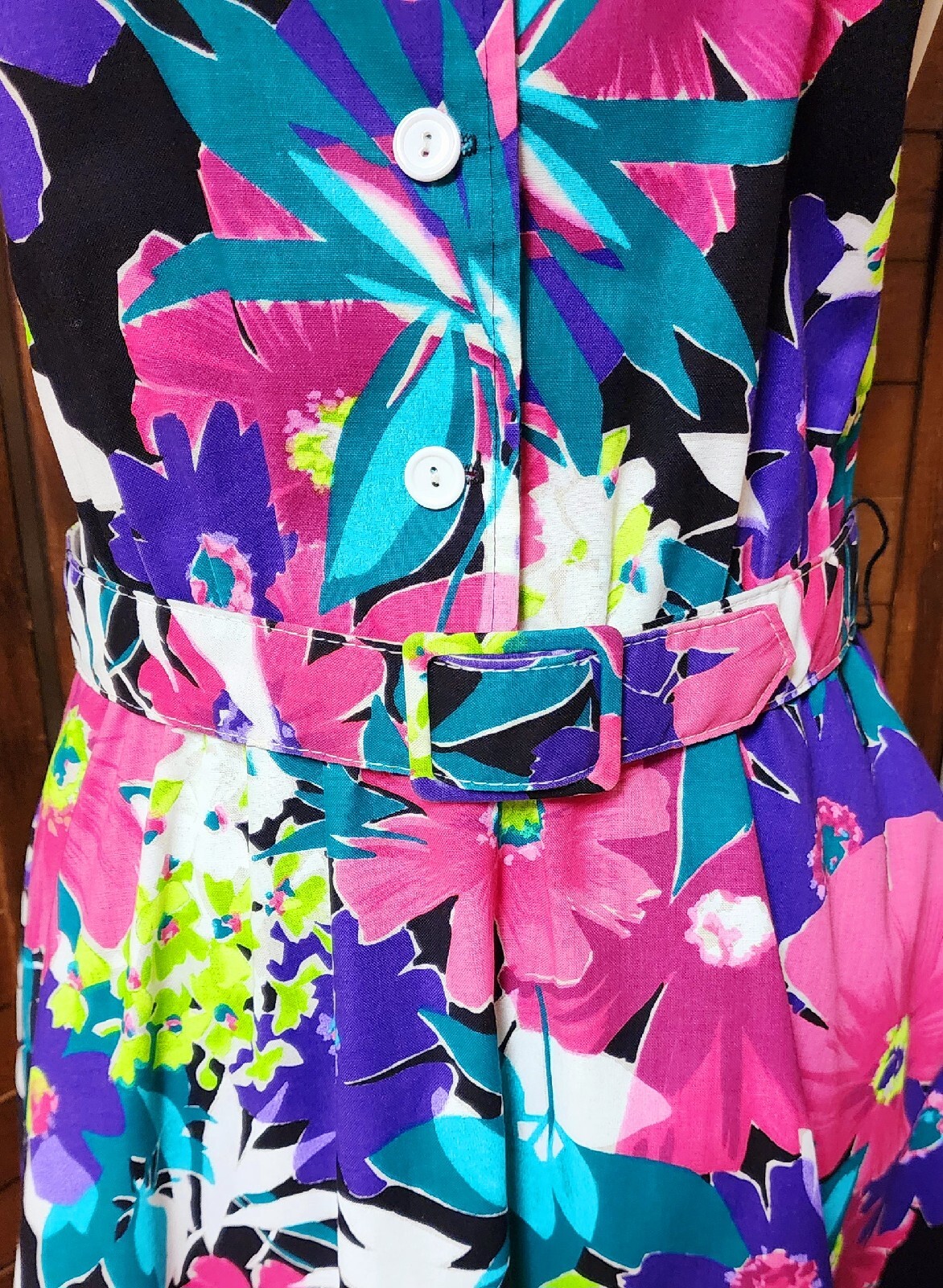 Vintage New Looks Pink & Purple Bright Floral Belted Dress With Jacket Size 8