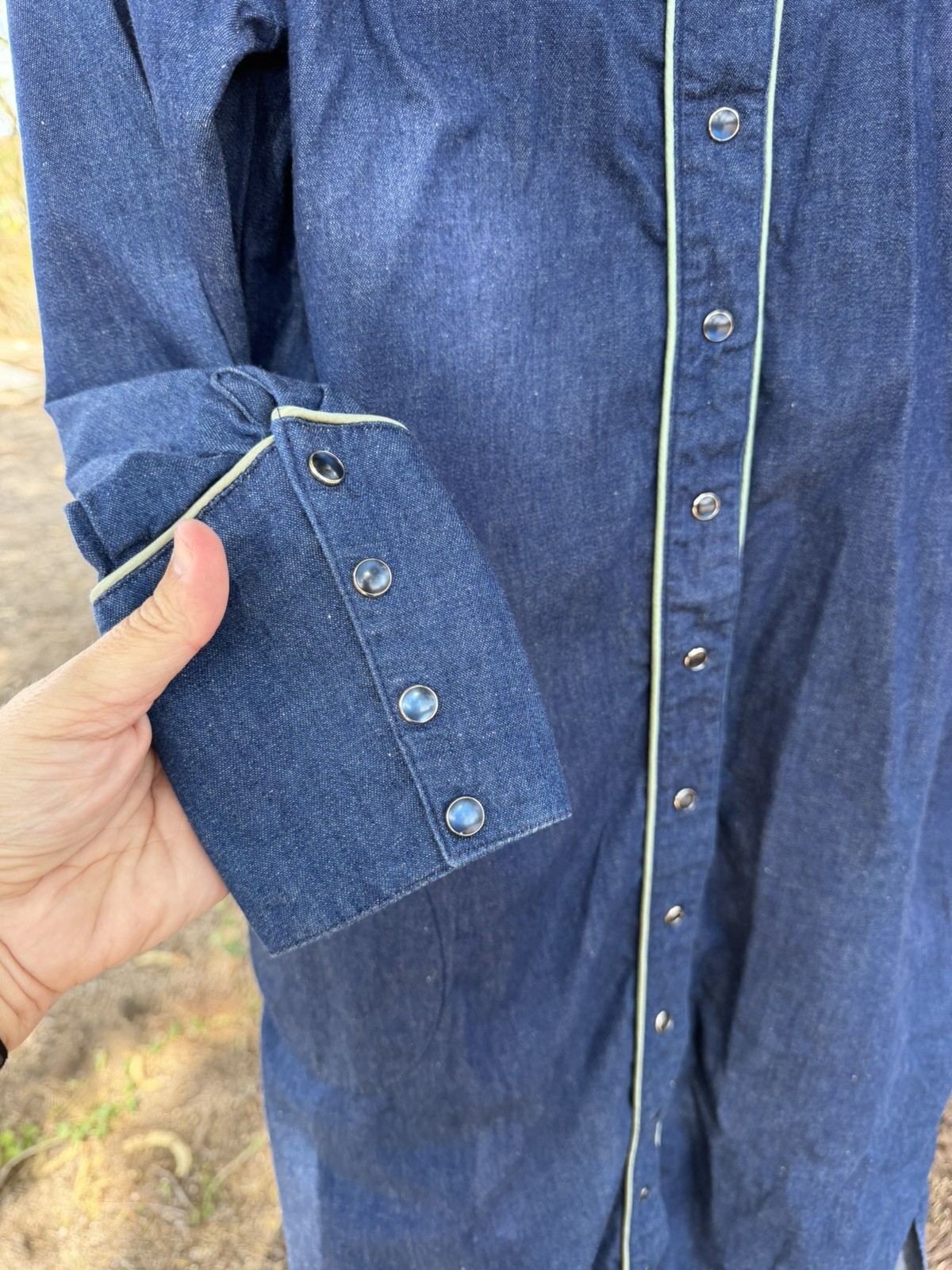 Vtg 70s Salaminder Kansas City Western Dress RARE Pearl Snap Flowers Blue Denim