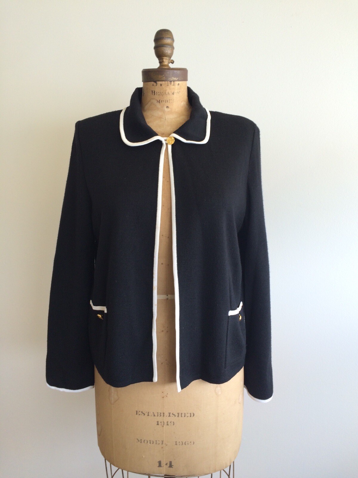 Salvatore Ferragamo Vintage 1980s Black Cardigan Sweater Jacket W White Trim