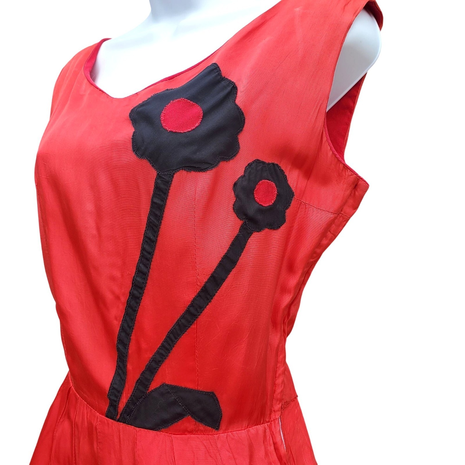 Vintage 30s Style Red Orange Acetate Maxi Size S Black Appliqué Gown Prom Dress