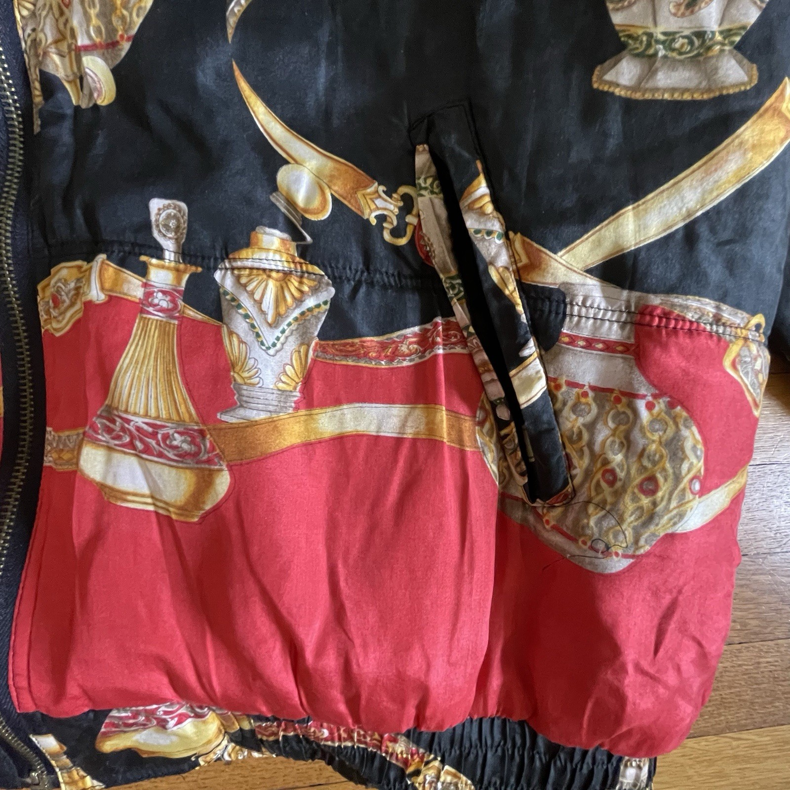 VTG 80s 90s FUDA International Silk Bomber Jacket Baroque Perfume Bottle Scarf L