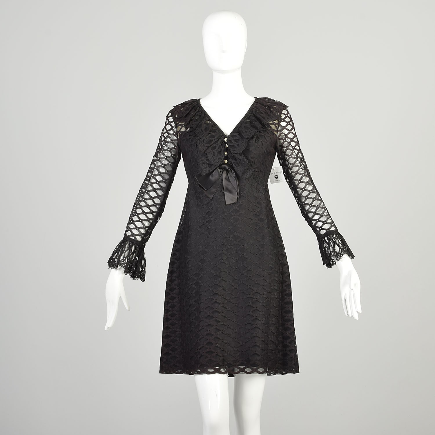 Medium 1970s Black Mini Dress Sheer Long Sleeve Ruffle Collar Cocktail Party LBD