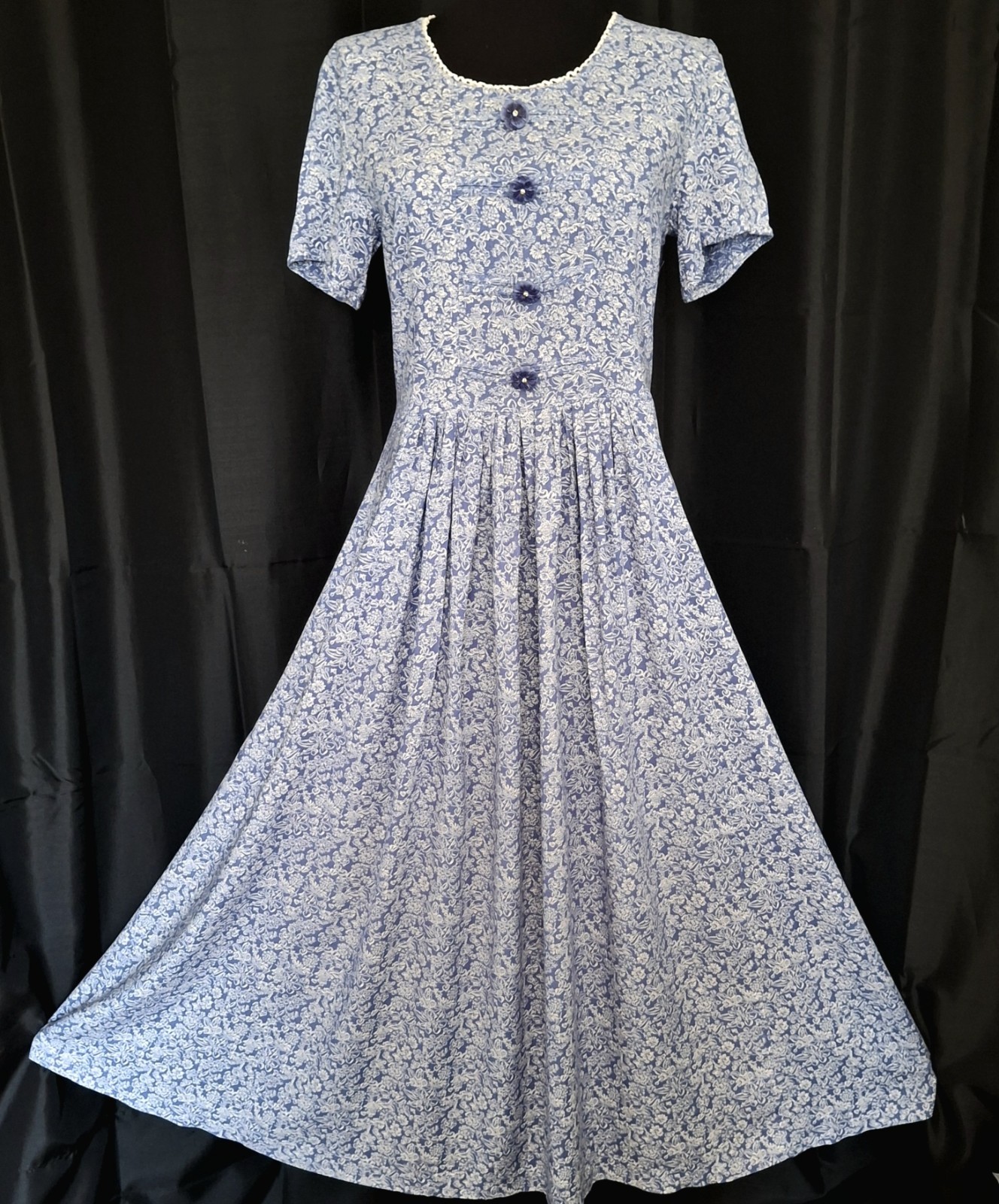Vtg 90s blue floral Tie Back midi Dress Cottage Prarie Modest romantic Sz S