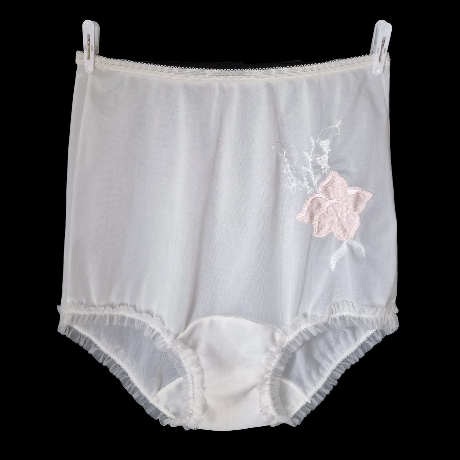Vintage NYLON Gusset GRANNY Panties SHEER Hi-Rise CHIFFON Lace FLORAL Design M/L