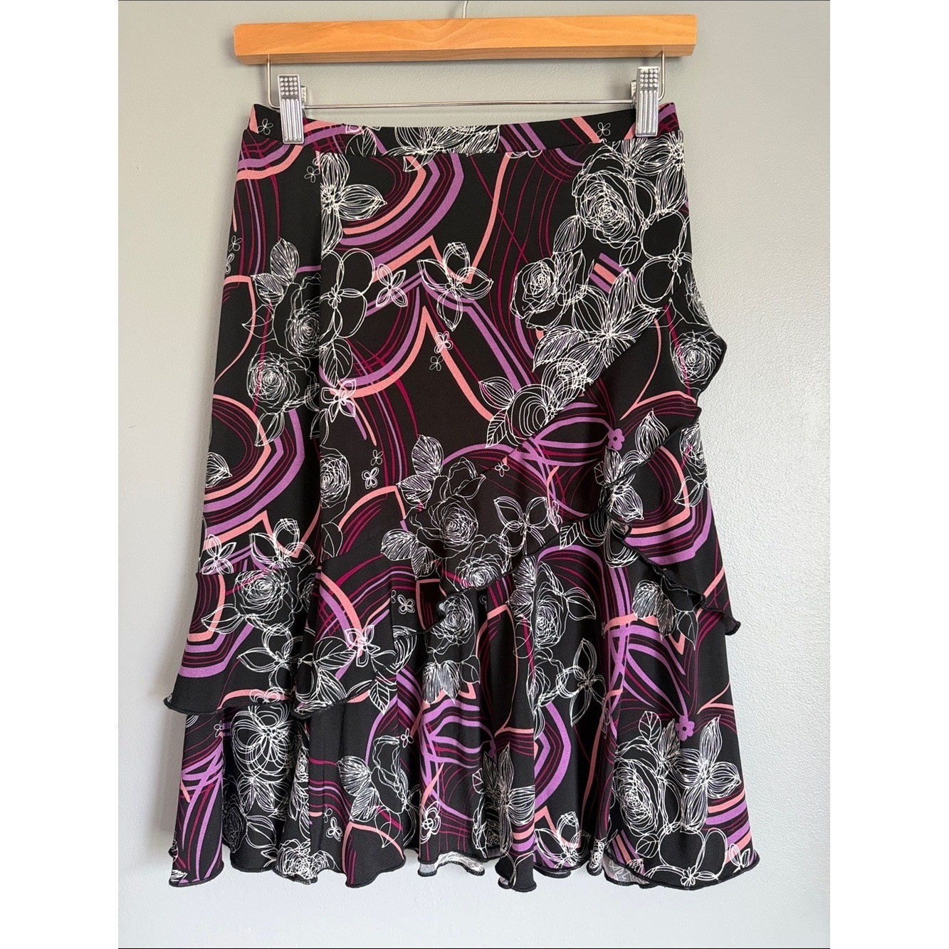 VTG Y2K Abstract Floral Ruffle Midi Skirt Black Pink Purple Chiffon Asymmetric