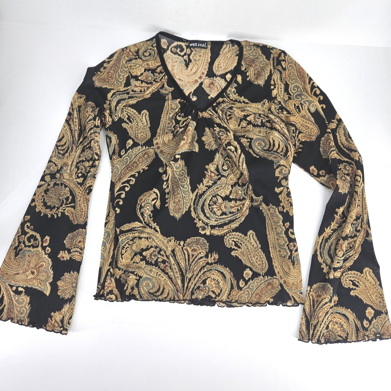 Wet Seal Vtg Y2K Paisley Mesh Long Bell Sleeve Top Black Gold Velvet Curl Trim L