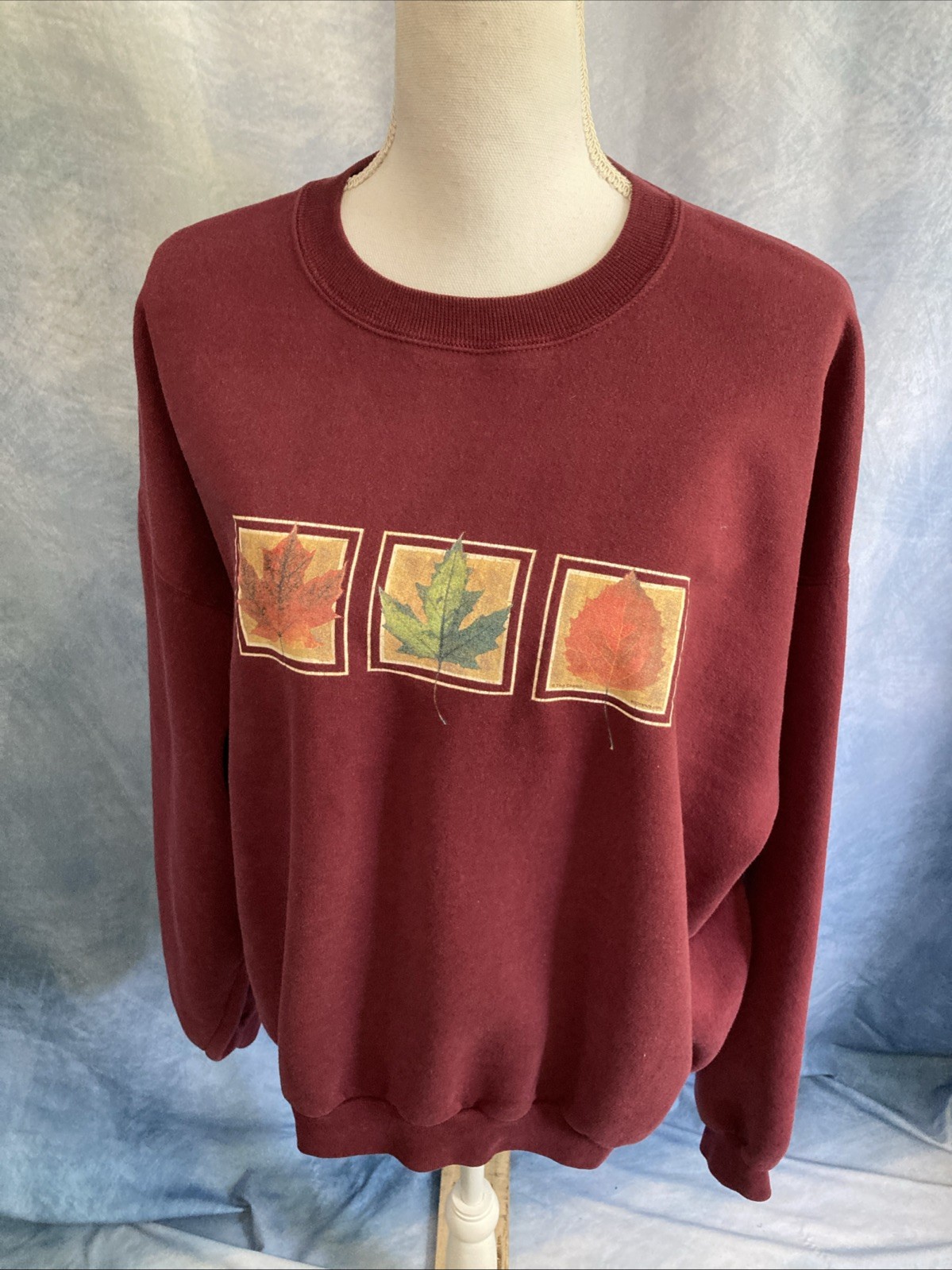 Vtg 90s Grandmacore Fall Leaves Sweatshirt Maroon Burgundy Crewneck Oversized XL