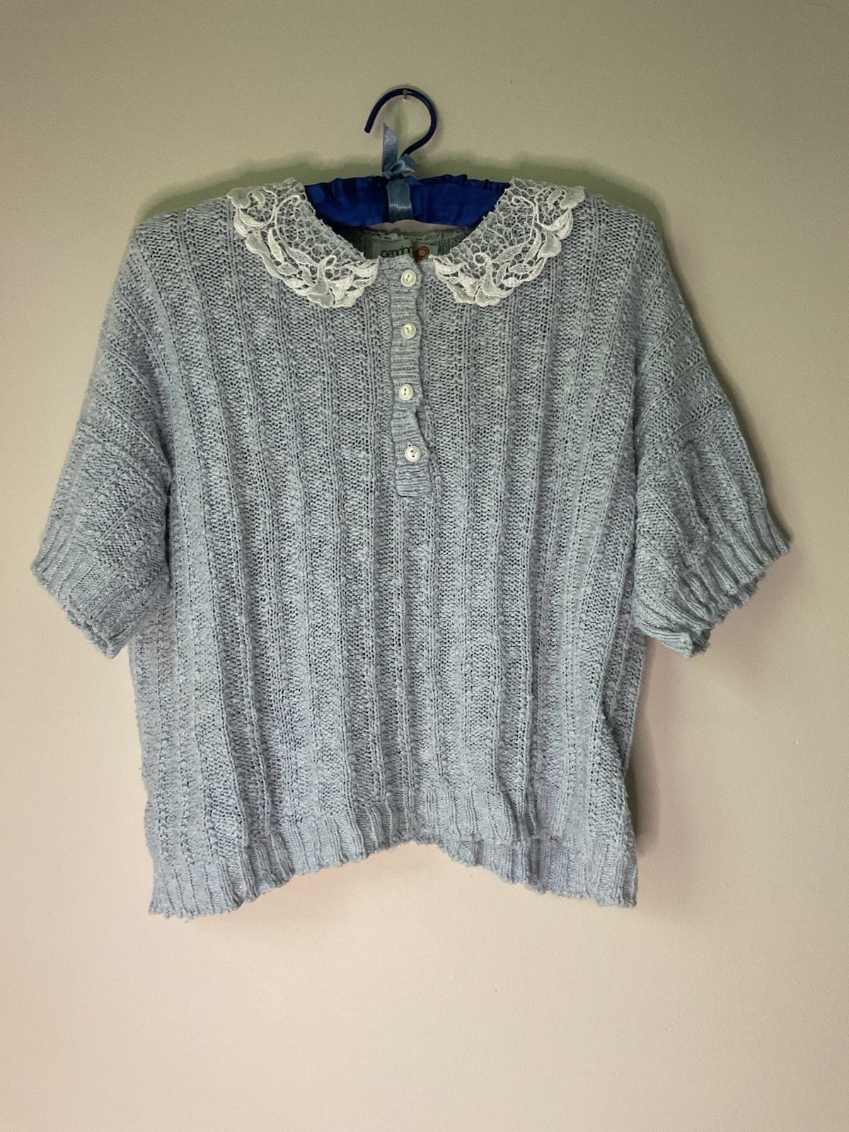 VTG Pandora Button Up Cardigan Sweater Lace Collar Boxy Square Knobby Knit Wobby