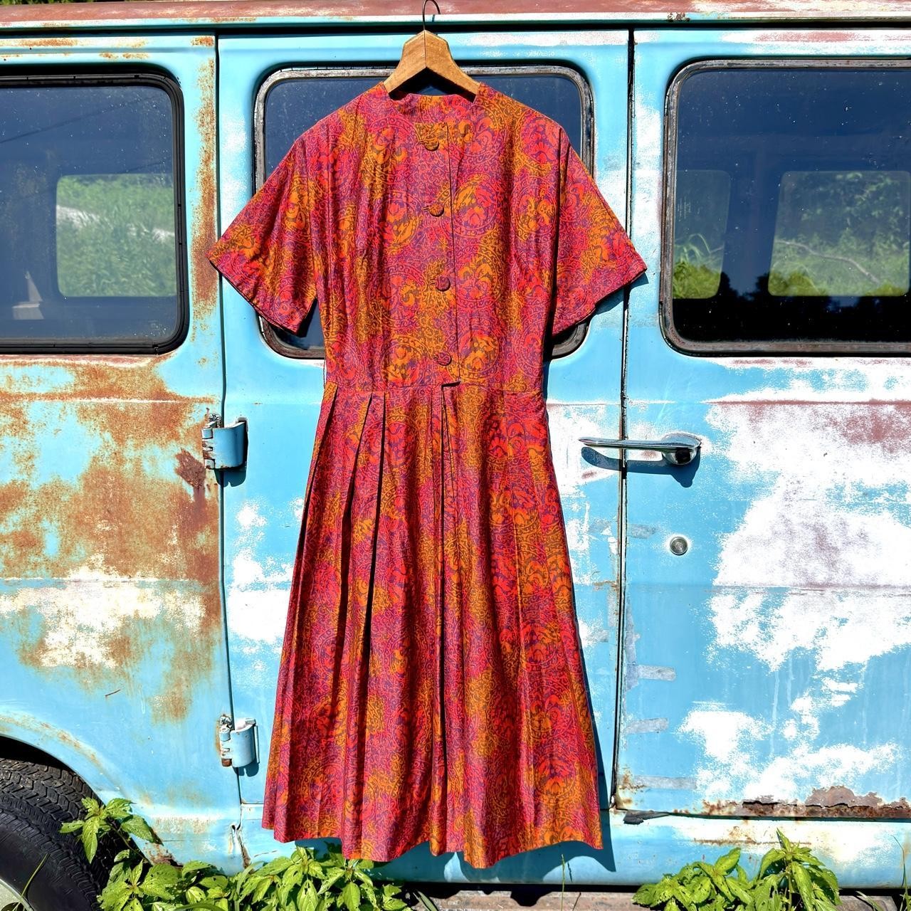 50s red & orange psychedelic medallion paisley silk cotton cocktail dress