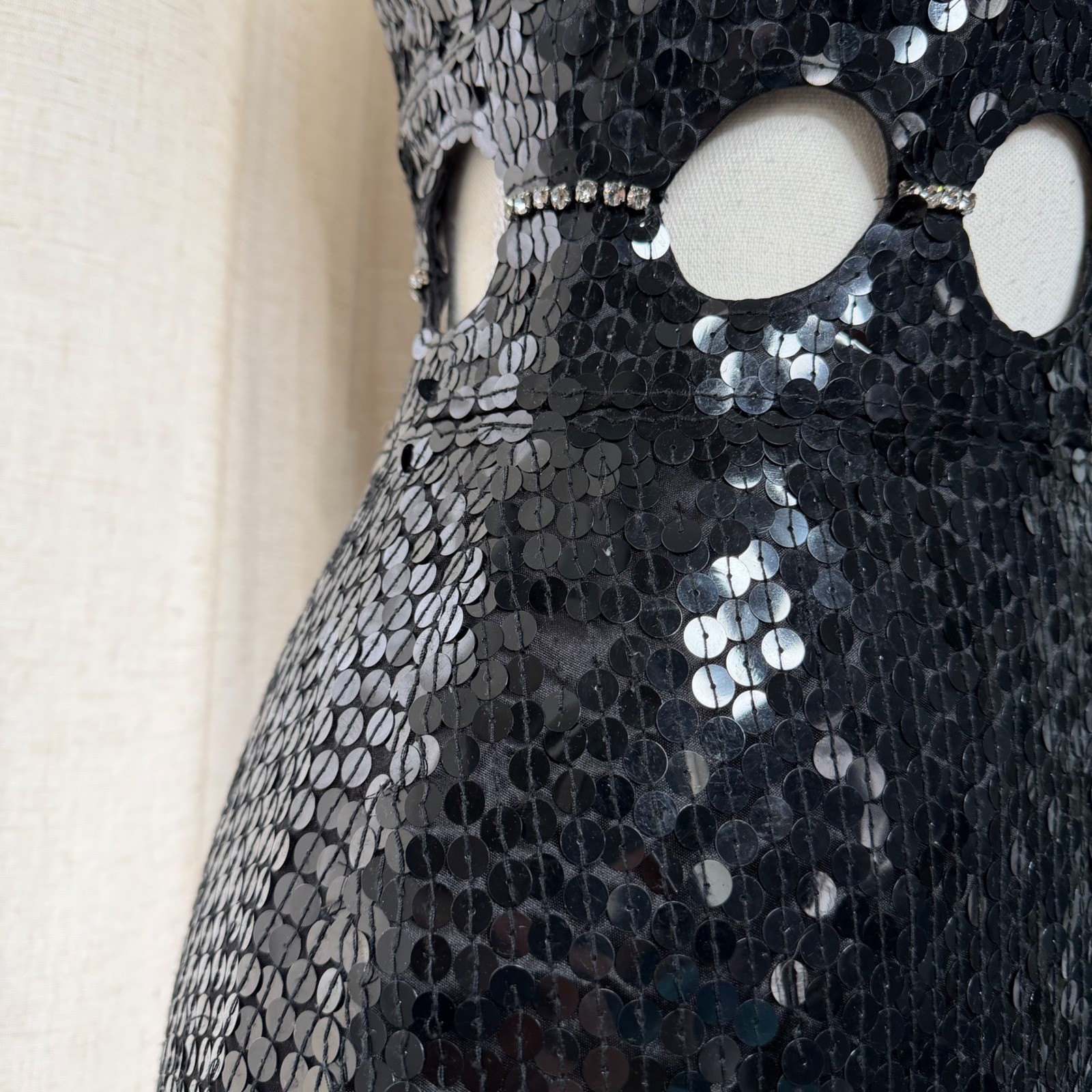 Vintage Niteline Della Roufogali Sequin Cutout Rhinestone Mini Dress Black 4