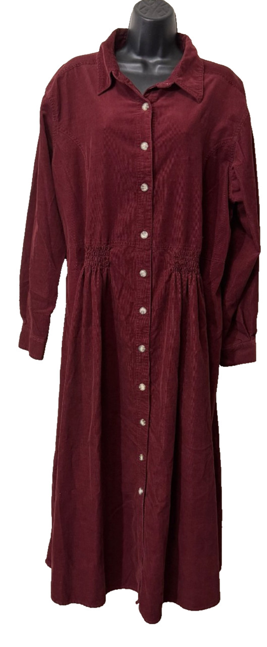 Vintage FADS Corduroy Midi Shirt Dress Modest Cottagecore Burgundy 18W
