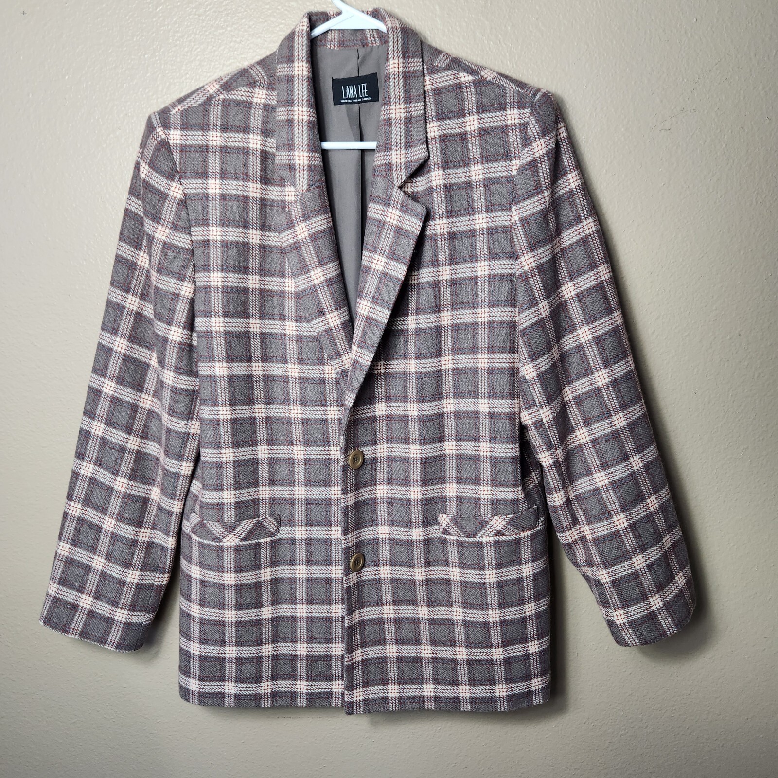 Vintage Lana Lee Womens Taupe Plaid Wool Blend 2 Button Blazer-Size 14