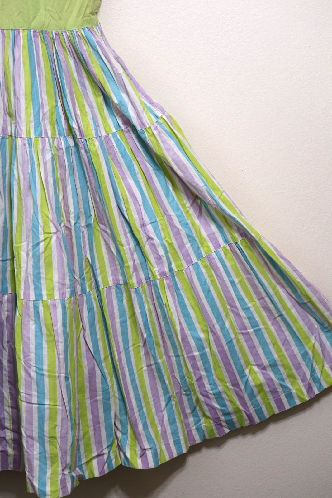 50s Abby Kent Chartreuse Stripe Sleeveless Tiers Full Skirt Day Dress Women XS 0