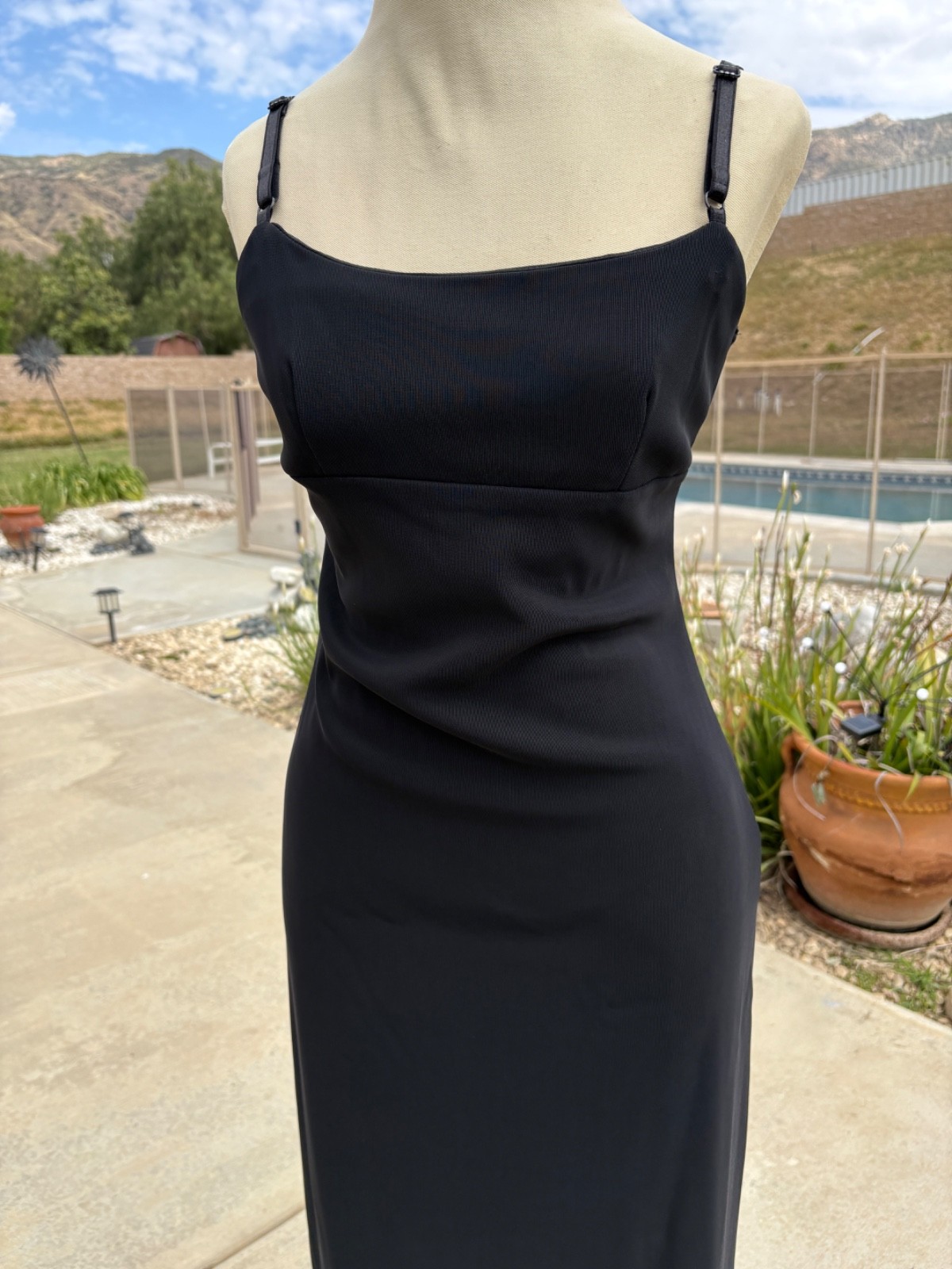 Vintage 90s City Of Triangles Nylon Dress M Black Maxi Evening Minimalist Goth