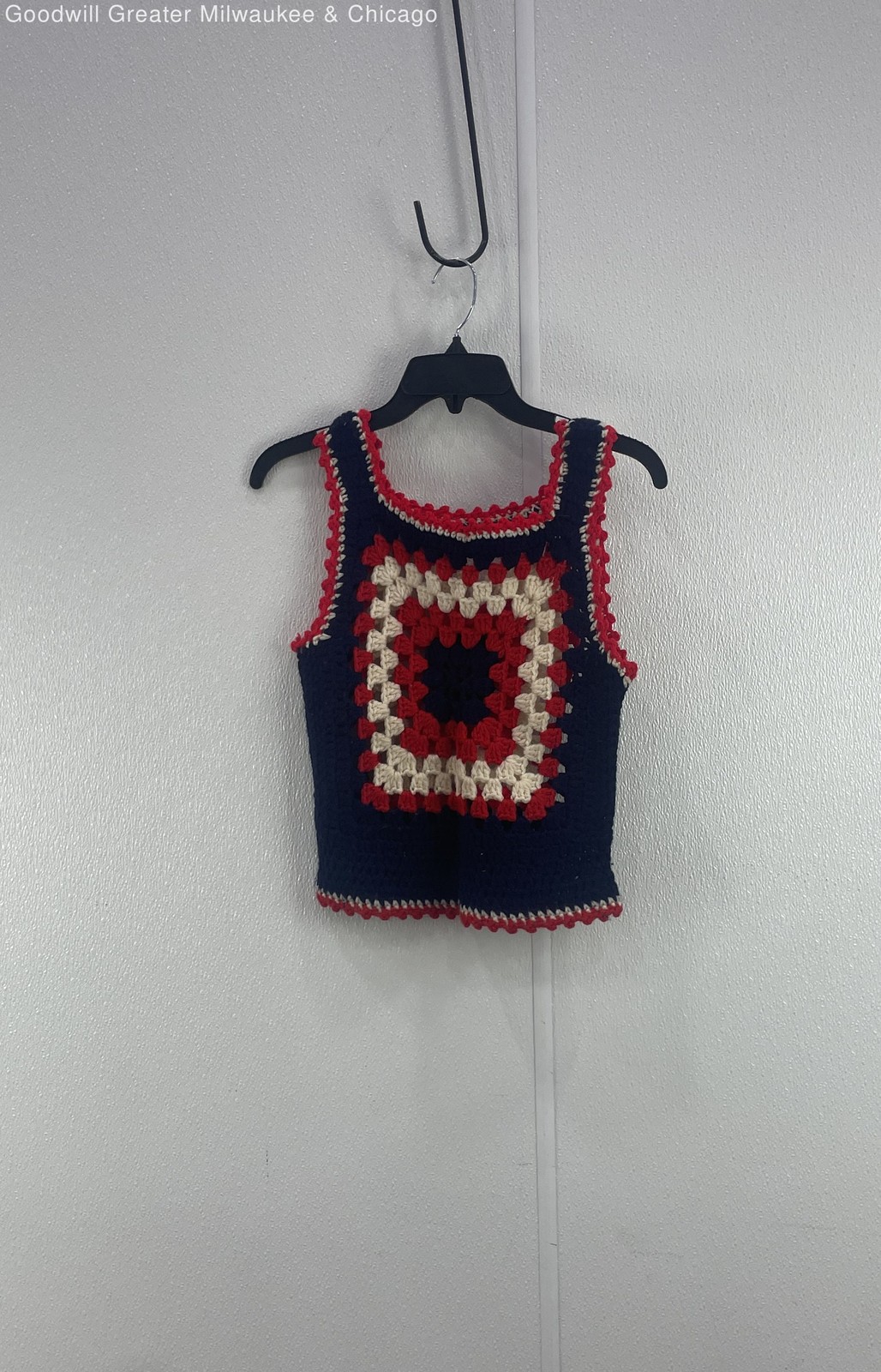 Womens Red Navy Beige Crochet Square Pattern Tank Top Retro Vintage Style